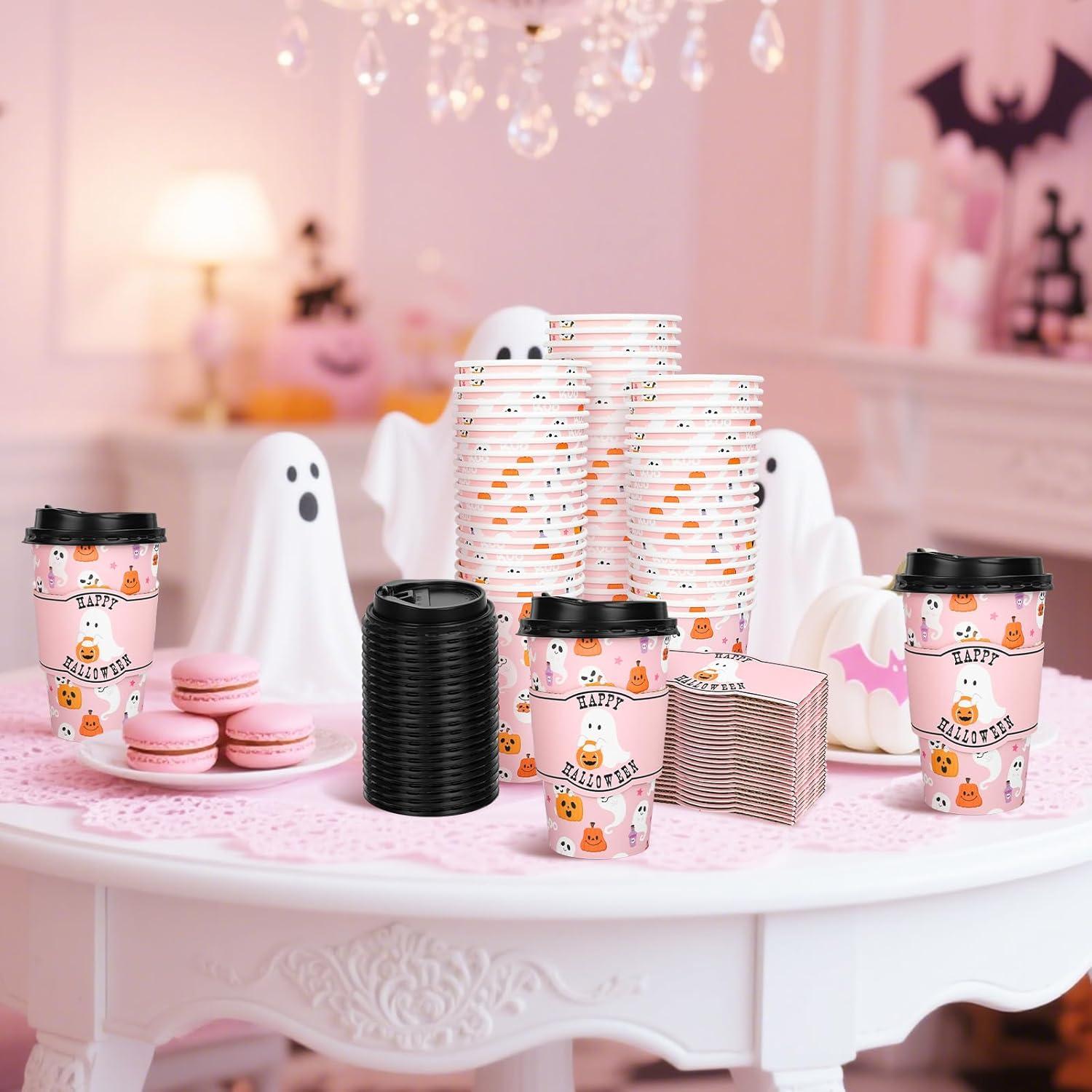 imageWhaline 50Pcs Fall Thanksgiving Pumpkin Disposable Coffee Cups with Lids and Sleeves PinkOrange Pumpkin Paper Drinking Cups for Autumn Restaurant Travel Business SuppliesHalloween Pink Ghost pumpkin