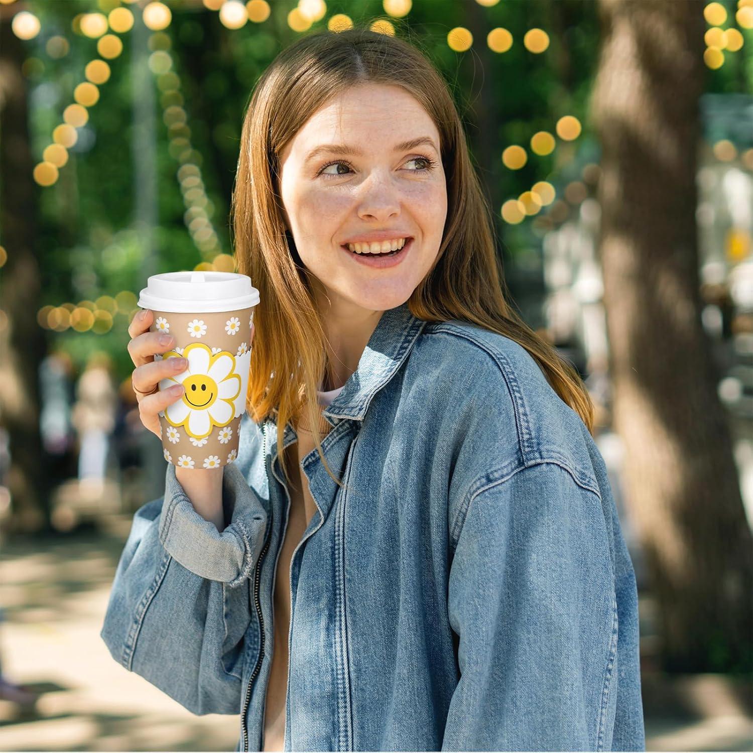 imageWhaline 50Pcs Fall Thanksgiving Pumpkin Disposable Coffee Cups with Lids and Sleeves PinkOrange Pumpkin Paper Drinking Cups for Autumn Restaurant Travel Business SuppliesSmile Daisy Flower