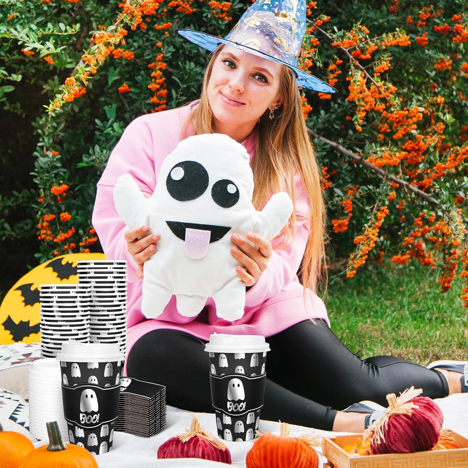 imageWhaline 50Pcs Fall Thanksgiving Pumpkin Disposable Coffee Cups with Lids and Sleeves PinkOrange Pumpkin Paper Drinking Cups for Autumn Restaurant Travel Business SuppliesFoil Silver Ghost