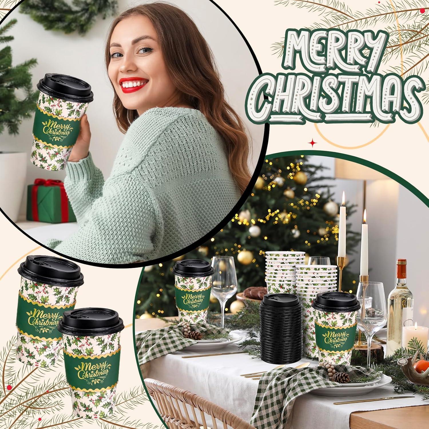 imageWhaline 50Pcs Fall Thanksgiving Pumpkin Disposable Coffee Cups with Lids and Sleeves PinkOrange Pumpkin Paper Drinking Cups for Autumn Restaurant Travel Business SuppliesChristmas Holly Berry