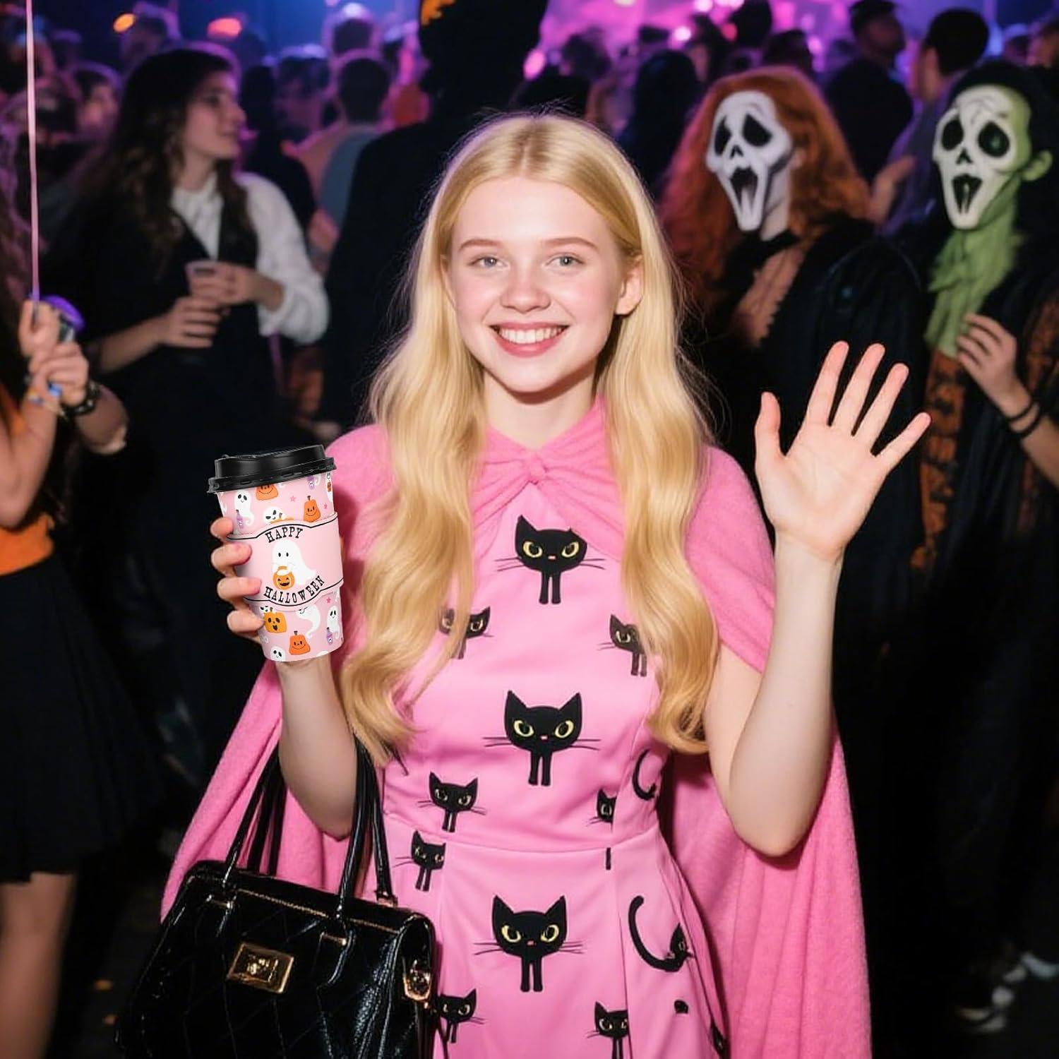 imageWhaline 50Pcs Fall Thanksgiving Pumpkin Disposable Coffee Cups with Lids and Sleeves PinkOrange Pumpkin Paper Drinking Cups for Autumn Restaurant Travel Business SuppliesHalloween Pink Ghost pumpkin