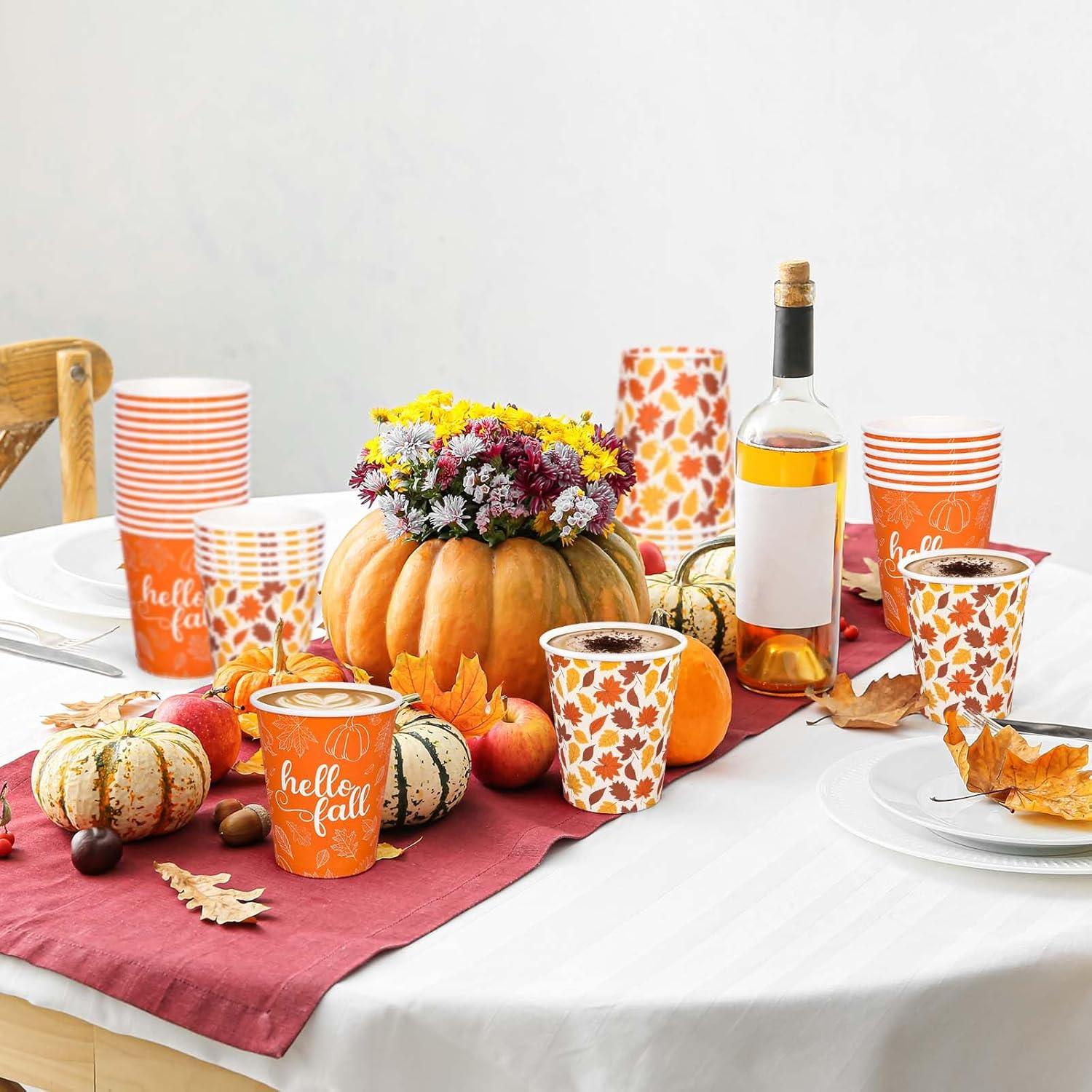 imageWhaline 50Pcs Hello Fall Paper Cups Maple Leaves Disposable Cups Bulk Autumn Thanksgiving Decorative Party Cups for Cold Hot Beverage Drinkware Table Decor Party Supplies 9 OzFall
