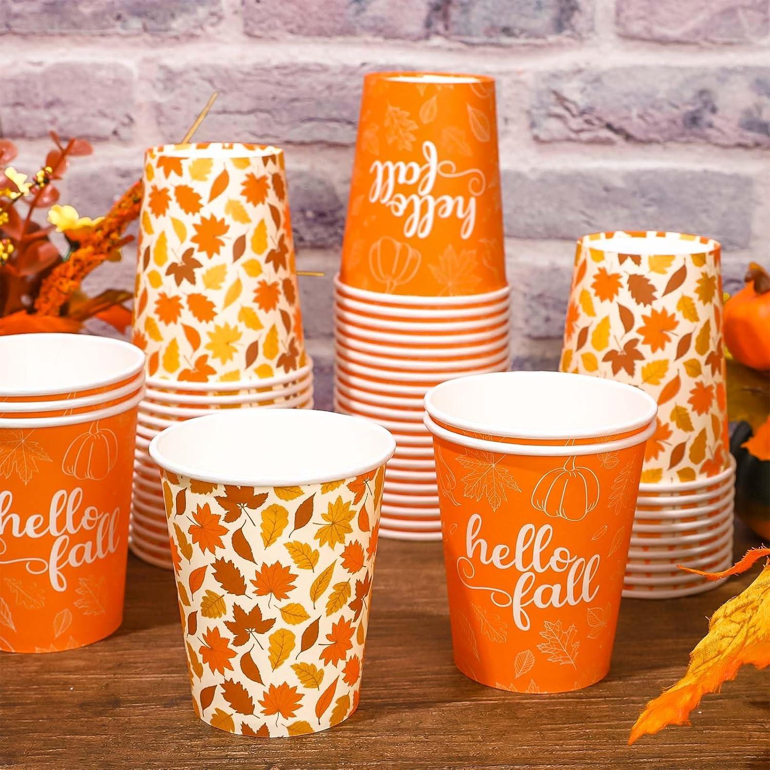 imageWhaline 50Pcs Hello Fall Paper Cups Maple Leaves Disposable Cups Bulk Autumn Thanksgiving Decorative Party Cups for Cold Hot Beverage Drinkware Table Decor Party Supplies 9 OzFall
