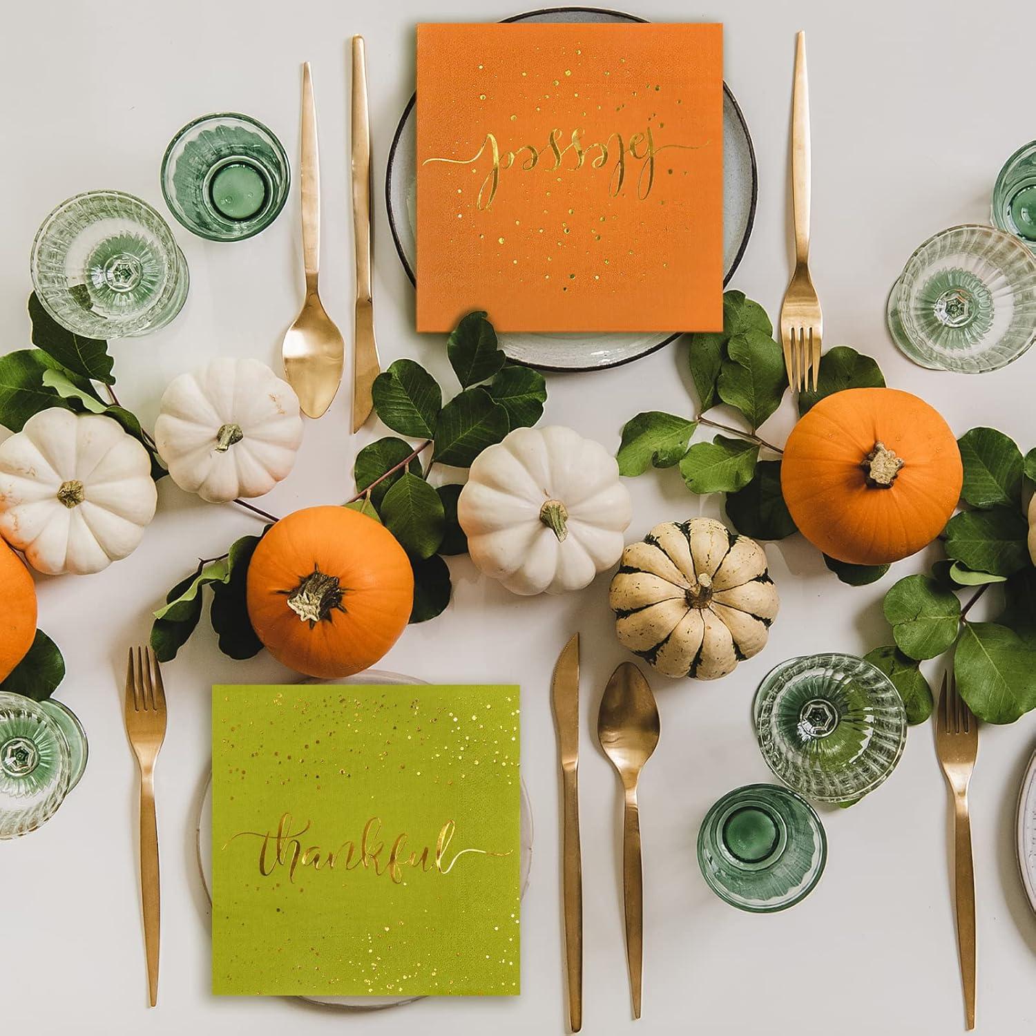 imageWhaline 75 Pack Thanksgiving Fall Paper Napkins 65 x 65 Inch Gold Foil Disposable Guest Napkins Thankful Blessed Autumn Color Grateful Paper Napkins for Fall Harvest Thanksgiving Dinner Party Decor