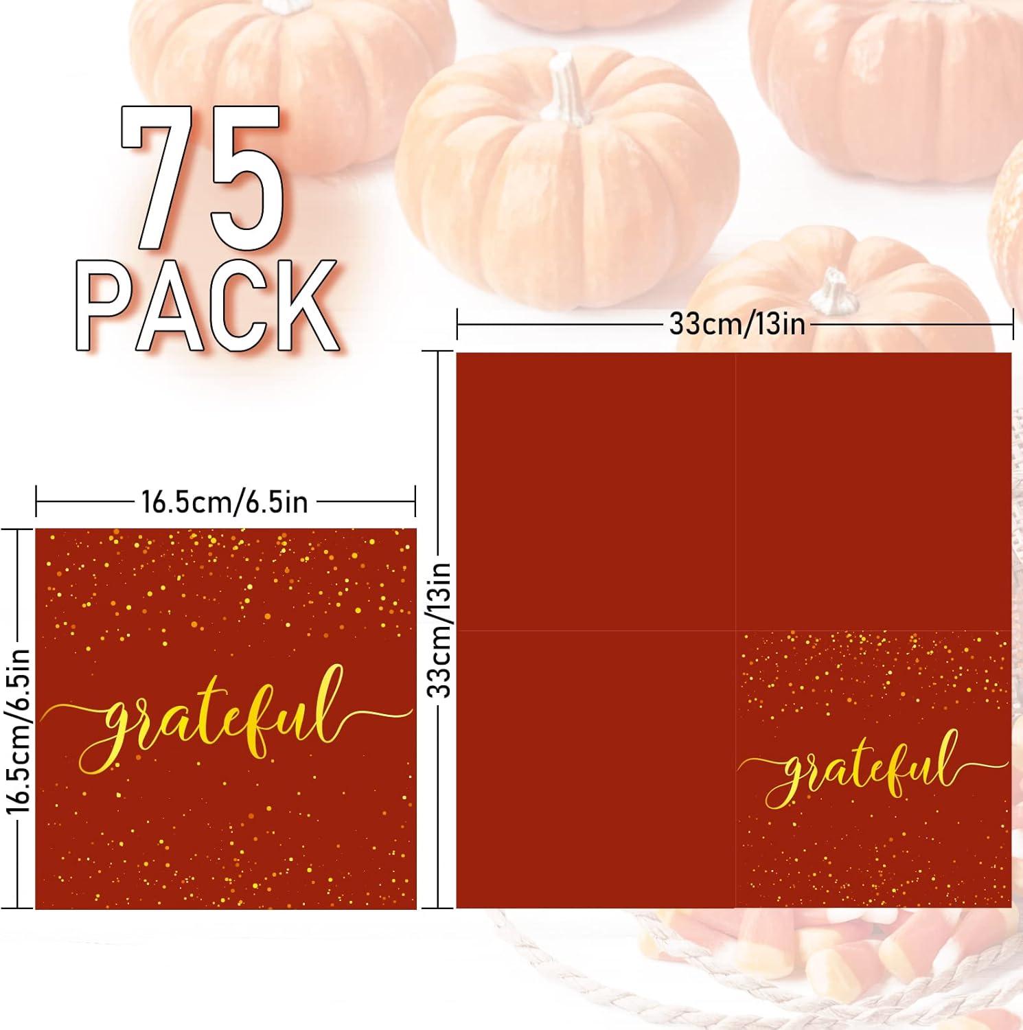 imageWhaline 75 Pack Thanksgiving Fall Paper Napkins 65 x 65 Inch Gold Foil Disposable Guest Napkins Thankful Blessed Autumn Color Grateful Paper Napkins for Fall Harvest Thanksgiving Dinner Party Decor