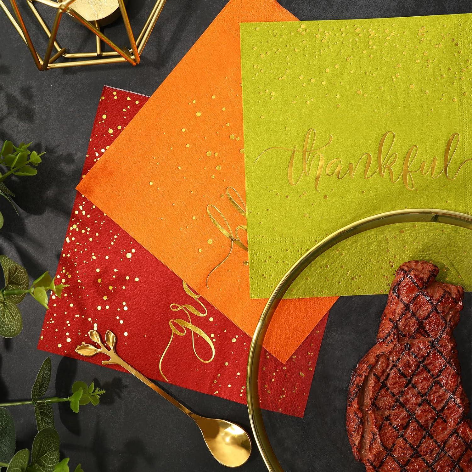 imageWhaline 75 Pack Thanksgiving Fall Paper Napkins 65 x 65 Inch Gold Foil Disposable Guest Napkins Thankful Blessed Autumn Color Grateful Paper Napkins for Fall Harvest Thanksgiving Dinner Party Decor