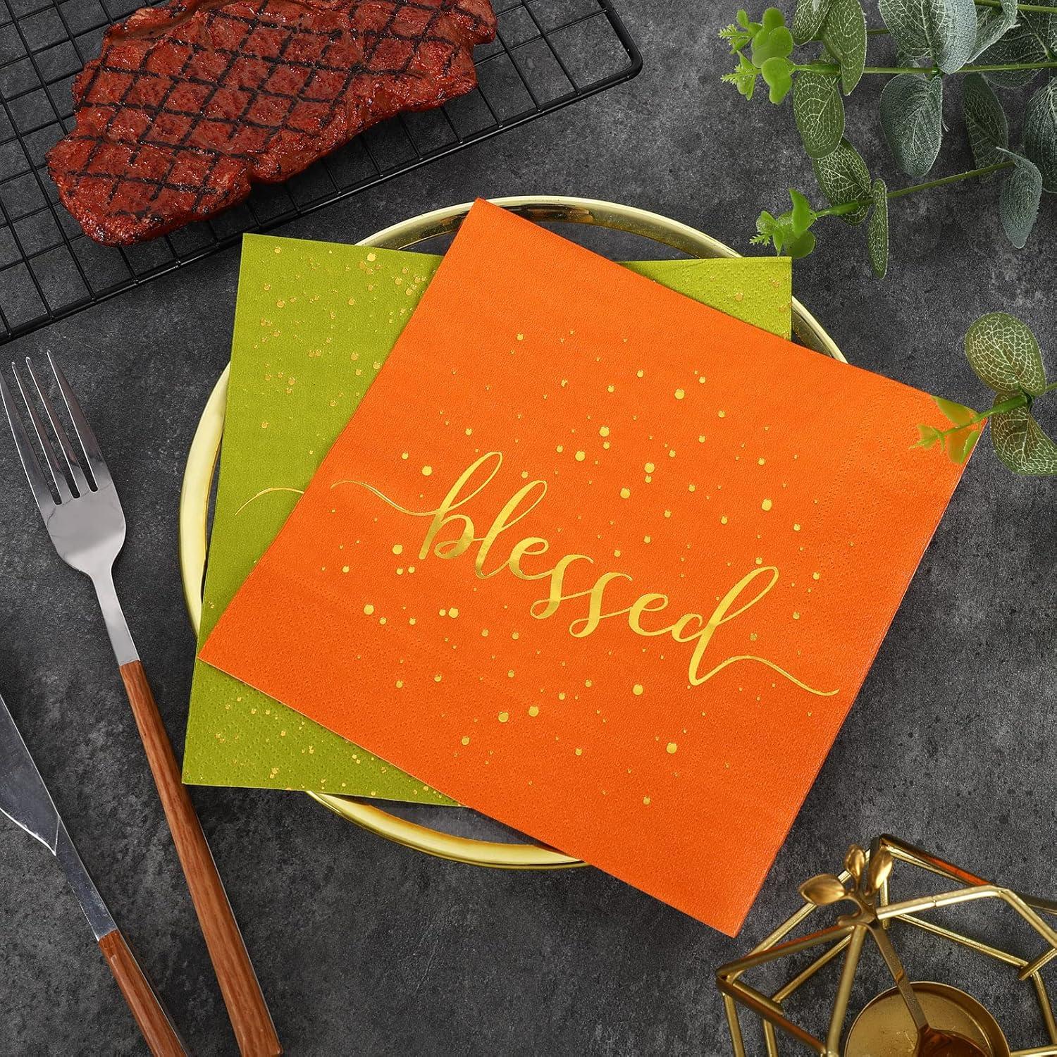 imageWhaline 75 Pack Thanksgiving Fall Paper Napkins 65 x 65 Inch Gold Foil Disposable Guest Napkins Thankful Blessed Autumn Color Grateful Paper Napkins for Fall Harvest Thanksgiving Dinner Party Decor