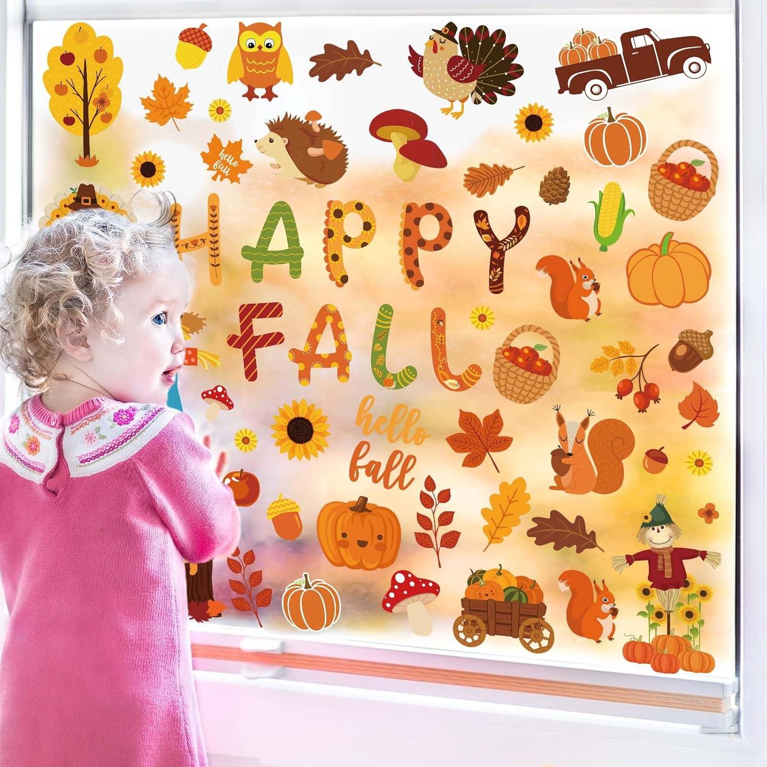 imageWhaline 9 Sheets Happy Fall Thanksgiving Window Clings Autumn Cute Cartoon Window Stickers Static Reusable Glass Decals for Harvest Party Home Classroom Office Decor SuppliesFall