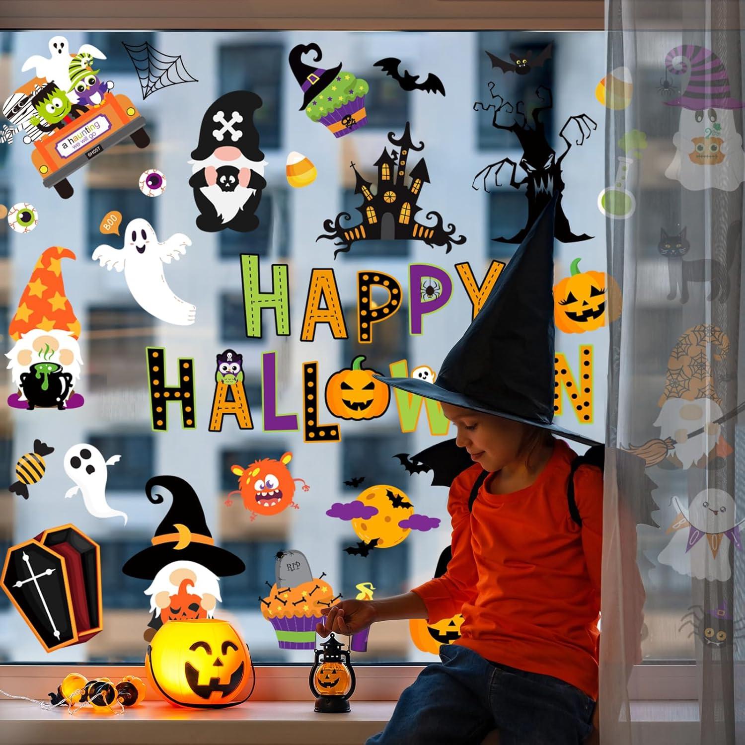 imageWhaline 9 Sheets Happy Fall Thanksgiving Window Clings Autumn Cute Cartoon Window Stickers Static Reusable Glass Decals for Harvest Party Home Classroom Office Decor SuppliesHalloween