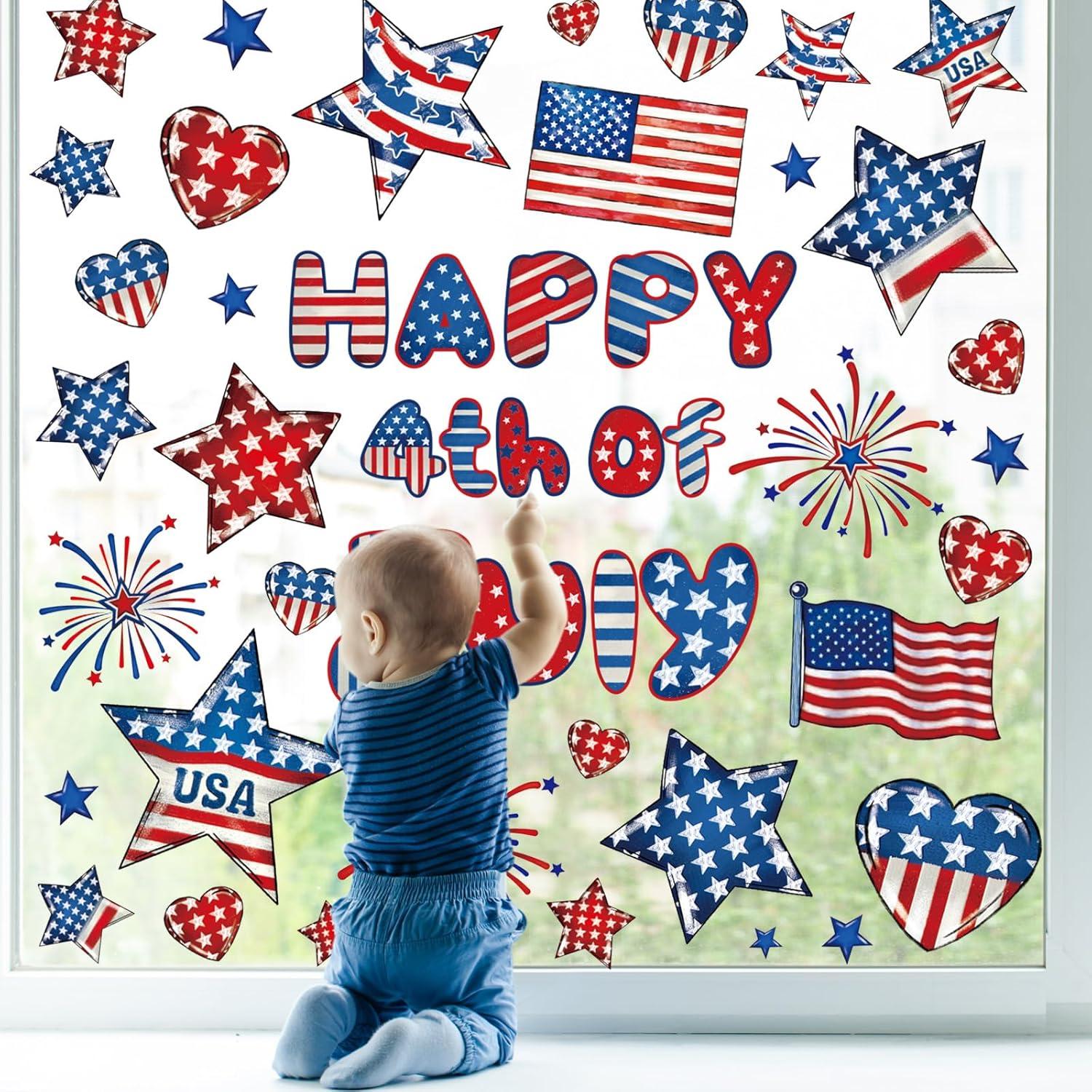 imageWhaline 9 Sheets Happy Fall Thanksgiving Window Clings Autumn Cute Cartoon Window Stickers Static Reusable Glass Decals for Harvest Party Home Classroom Office Decor Supplies4th of July