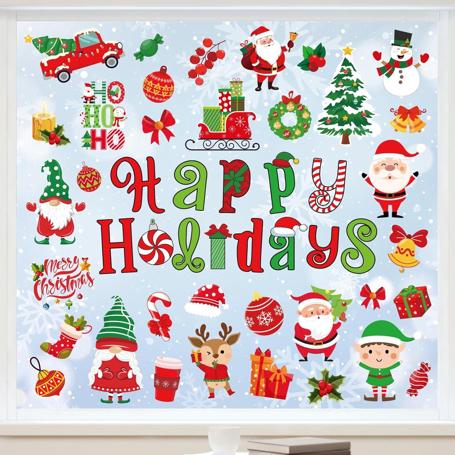 imageWhaline 9 Sheets Happy Fall Thanksgiving Window Clings Autumn Cute Cartoon Window Stickers Static Reusable Glass Decals for Harvest Party Home Classroom Office Decor SuppliesChristmas