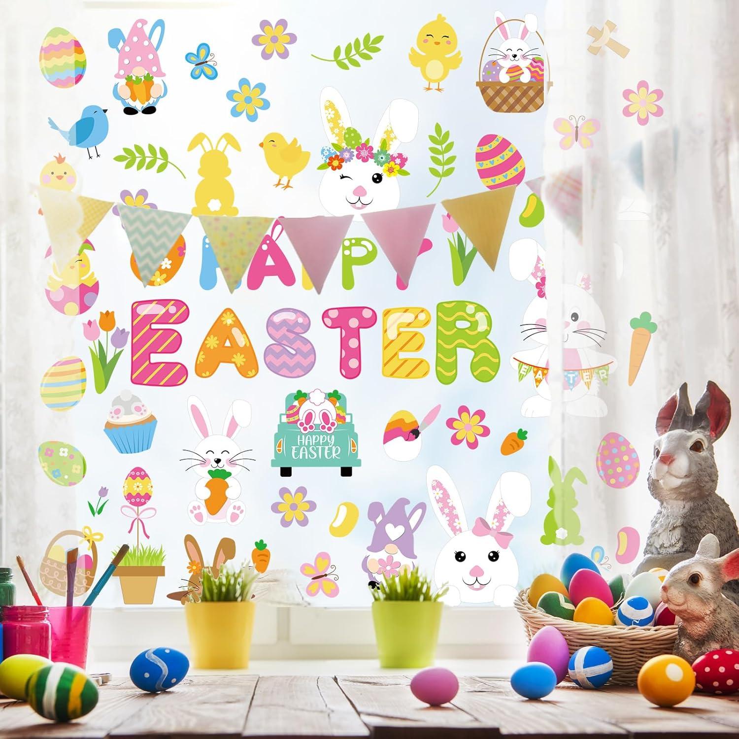 imageWhaline 9 Sheets Happy Fall Thanksgiving Window Clings Autumn Cute Cartoon Window Stickers Static Reusable Glass Decals for Harvest Party Home Classroom Office Decor SuppliesEaster