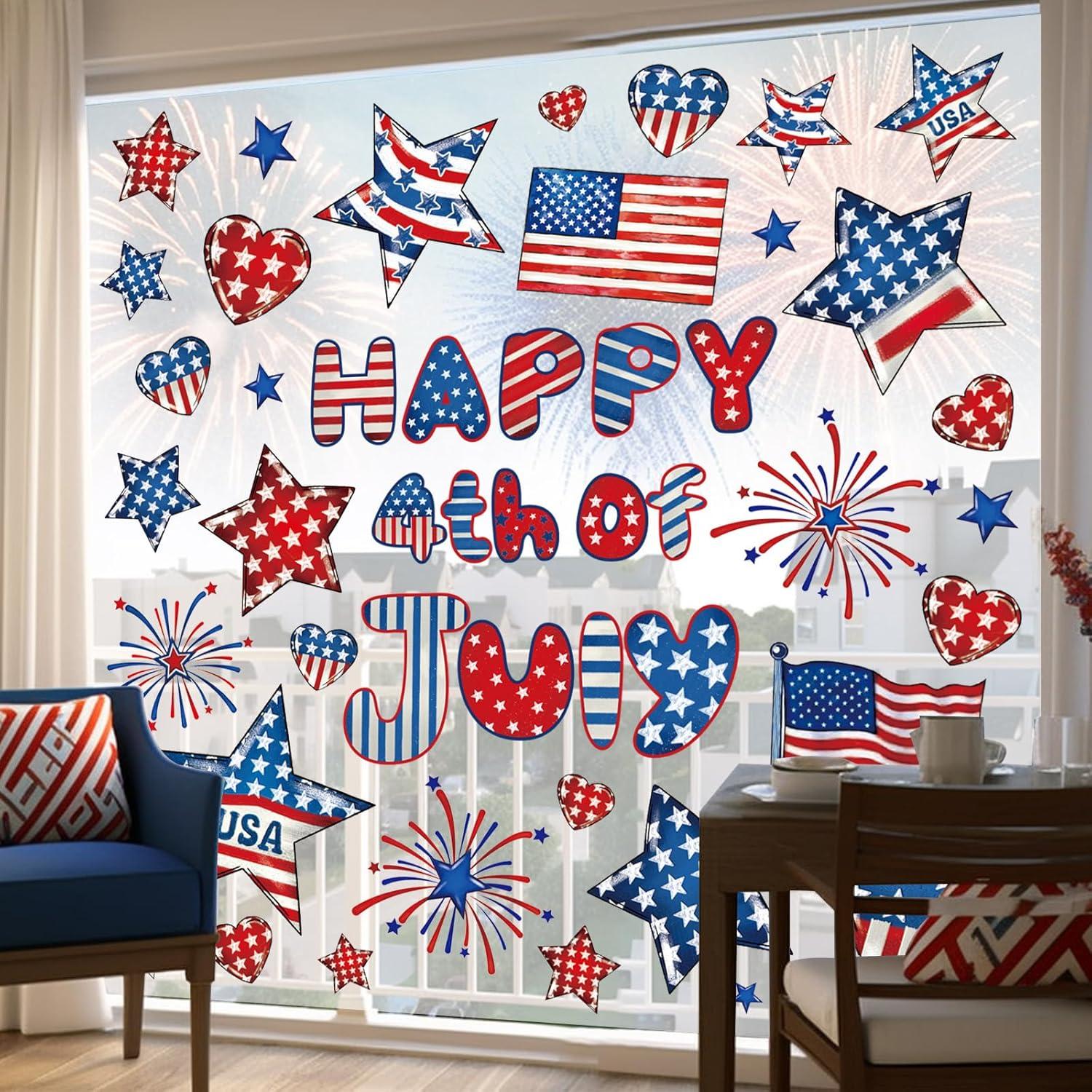 imageWhaline 9 Sheets Happy Fall Thanksgiving Window Clings Autumn Cute Cartoon Window Stickers Static Reusable Glass Decals for Harvest Party Home Classroom Office Decor Supplies4th of July