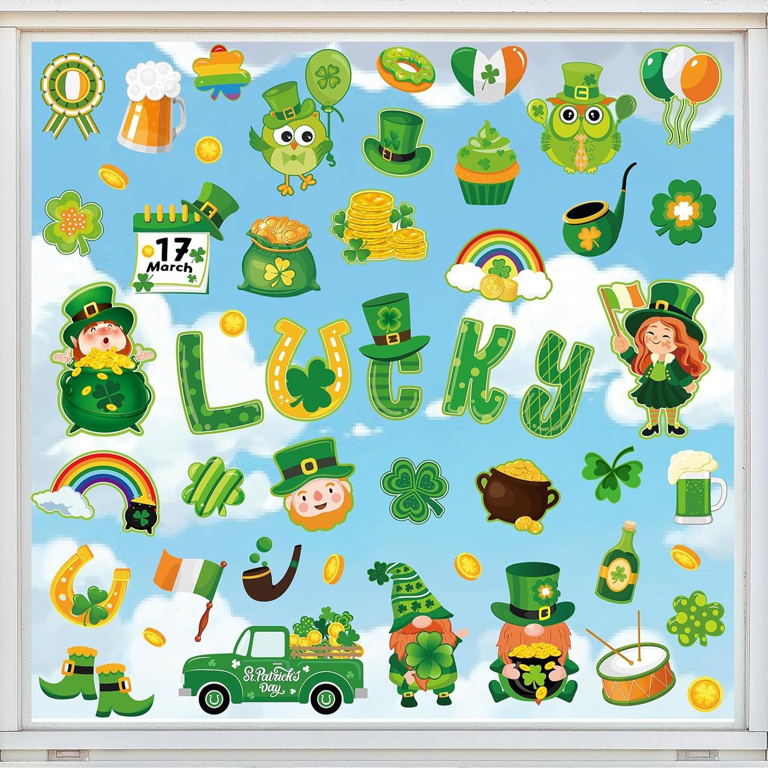 imageWhaline 9 Sheets Happy Fall Thanksgiving Window Clings Autumn Cute Cartoon Window Stickers Static Reusable Glass Decals for Harvest Party Home Classroom Office Decor SuppliesSt Patricks Day