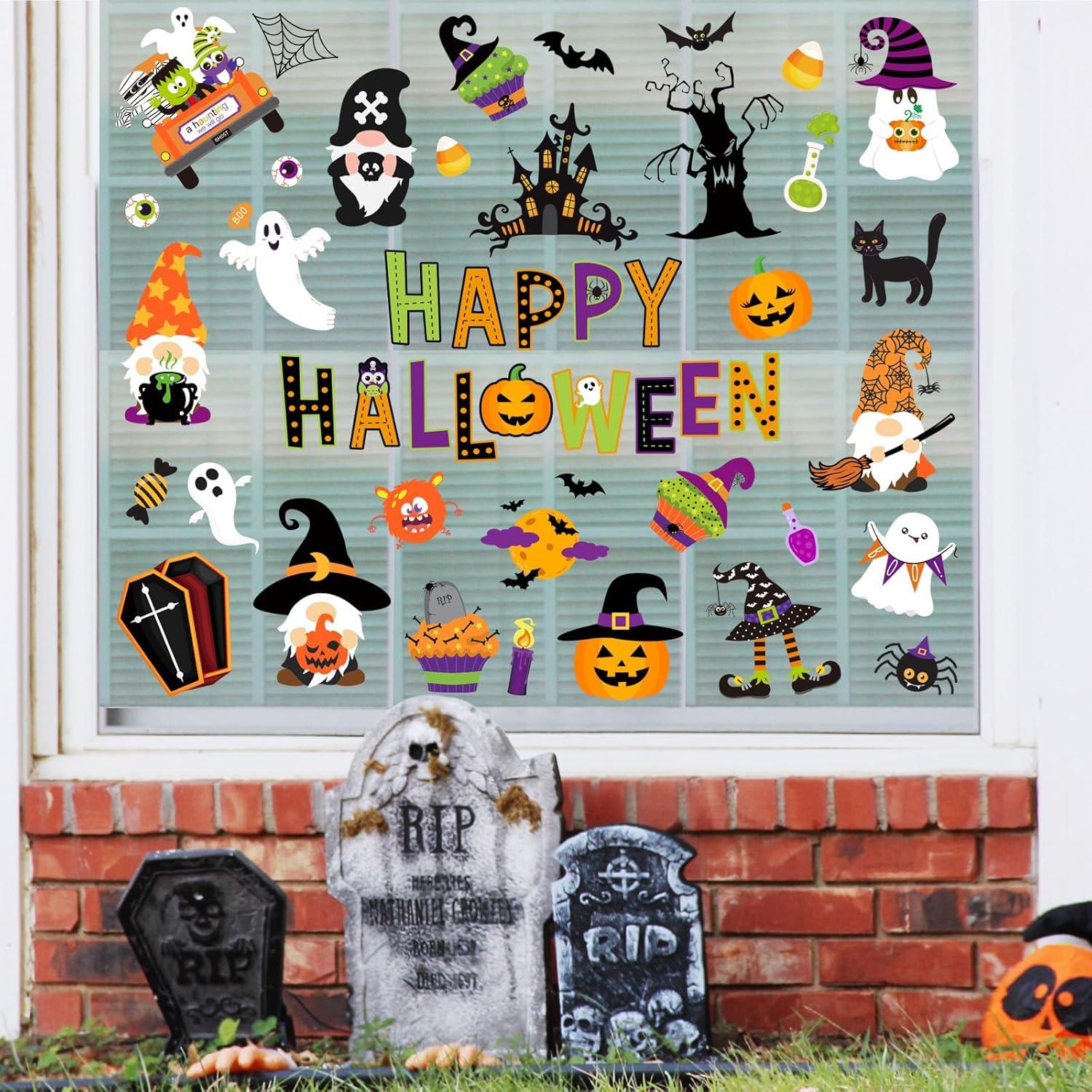 imageWhaline 9 Sheets Happy Fall Thanksgiving Window Clings Autumn Cute Cartoon Window Stickers Static Reusable Glass Decals for Harvest Party Home Classroom Office Decor SuppliesHalloween