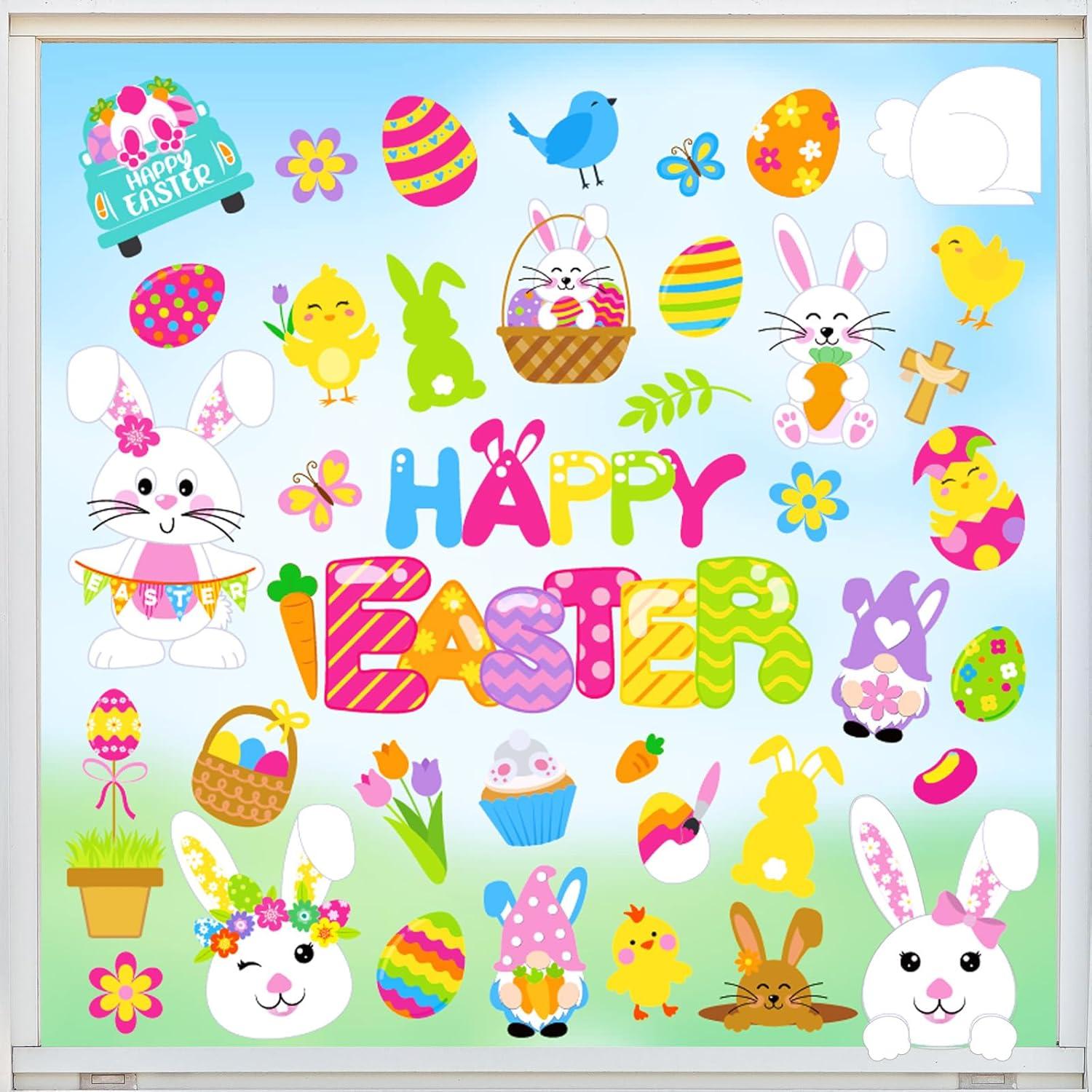 imageWhaline 9 Sheets Happy Fall Thanksgiving Window Clings Autumn Cute Cartoon Window Stickers Static Reusable Glass Decals for Harvest Party Home Classroom Office Decor SuppliesEaster