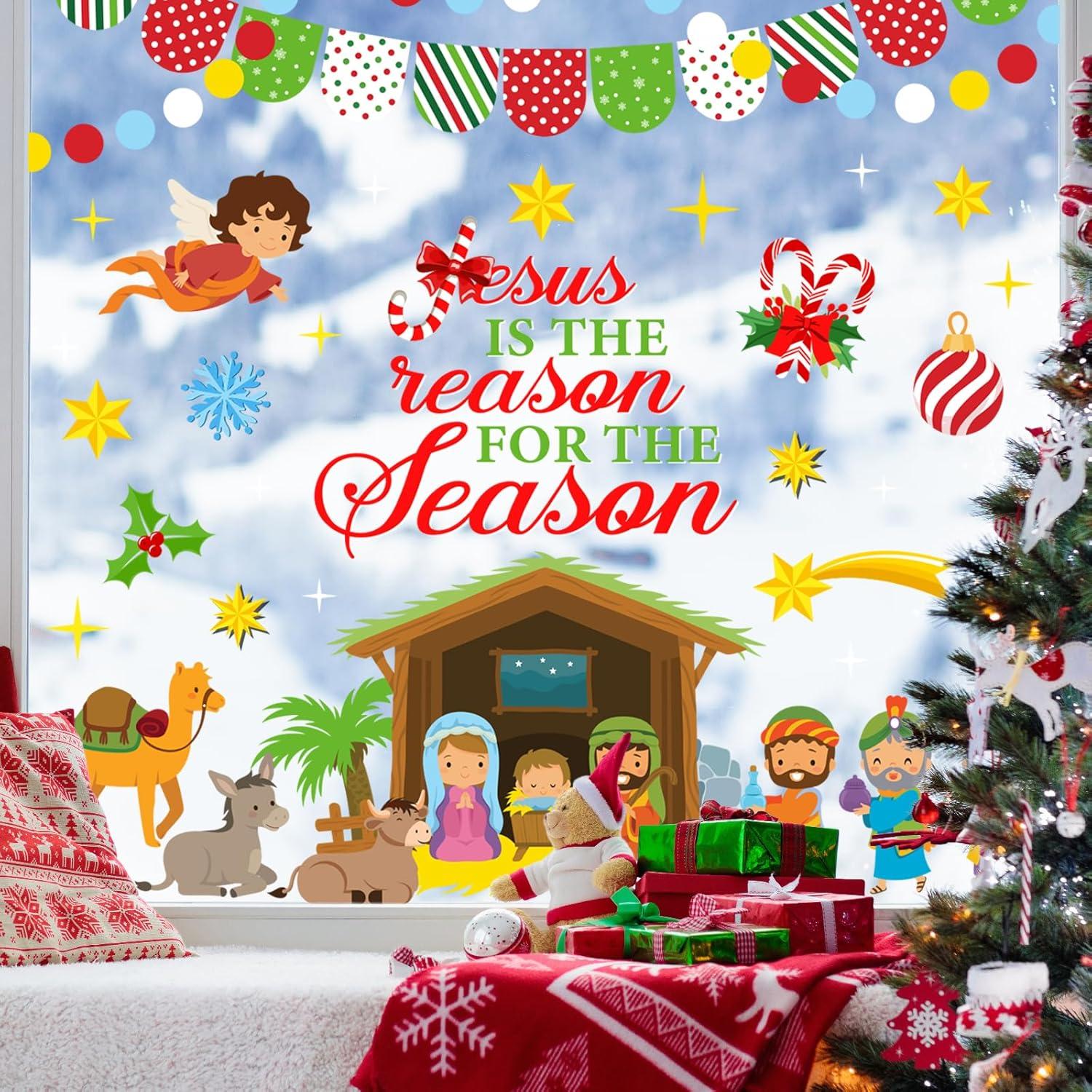 imageWhaline 9 Sheets Happy Fall Thanksgiving Window Clings Autumn Cute Cartoon Window Stickers Static Reusable Glass Decals for Harvest Party Home Classroom Office Decor SuppliesJesus Nativity