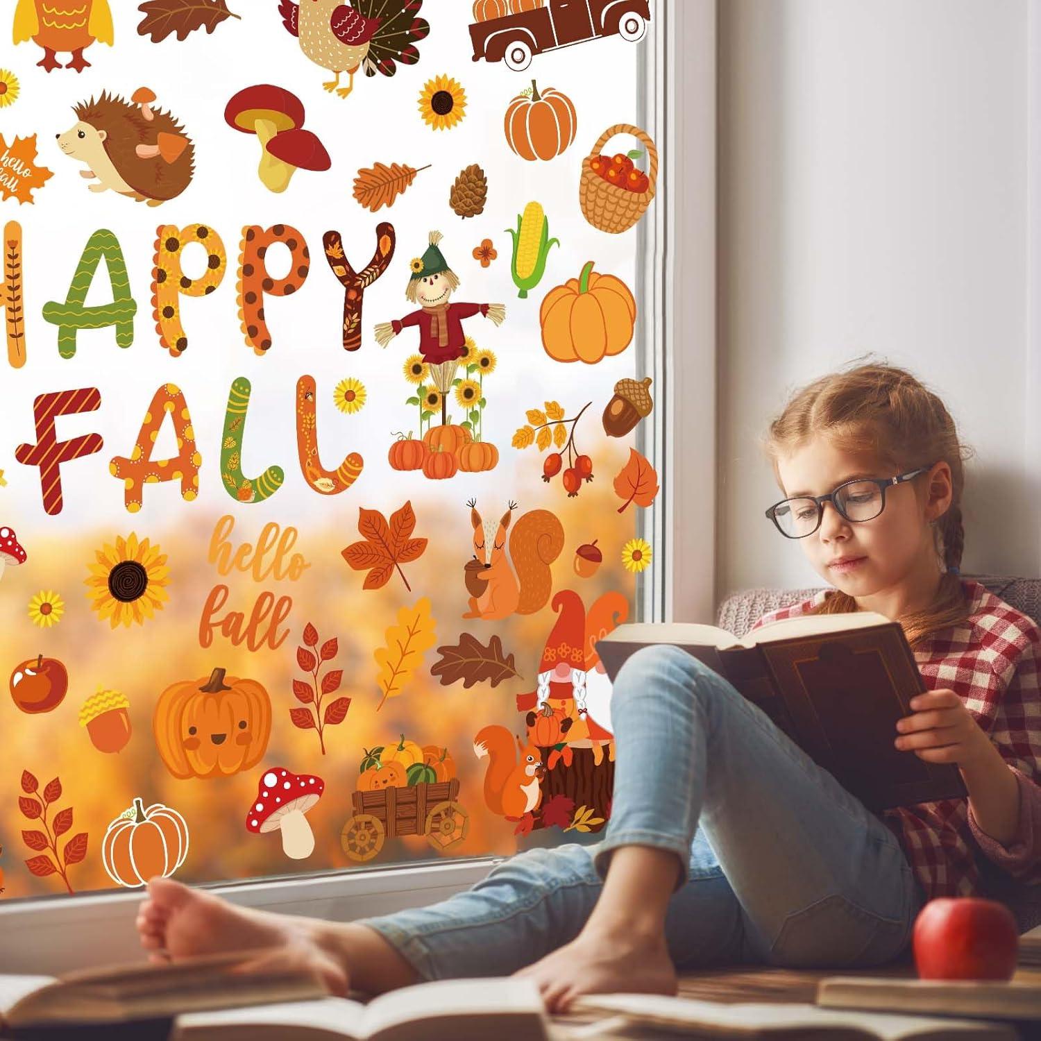 imageWhaline 9 Sheets Happy Fall Thanksgiving Window Clings Autumn Cute Cartoon Window Stickers Static Reusable Glass Decals for Harvest Party Home Classroom Office Decor SuppliesFall