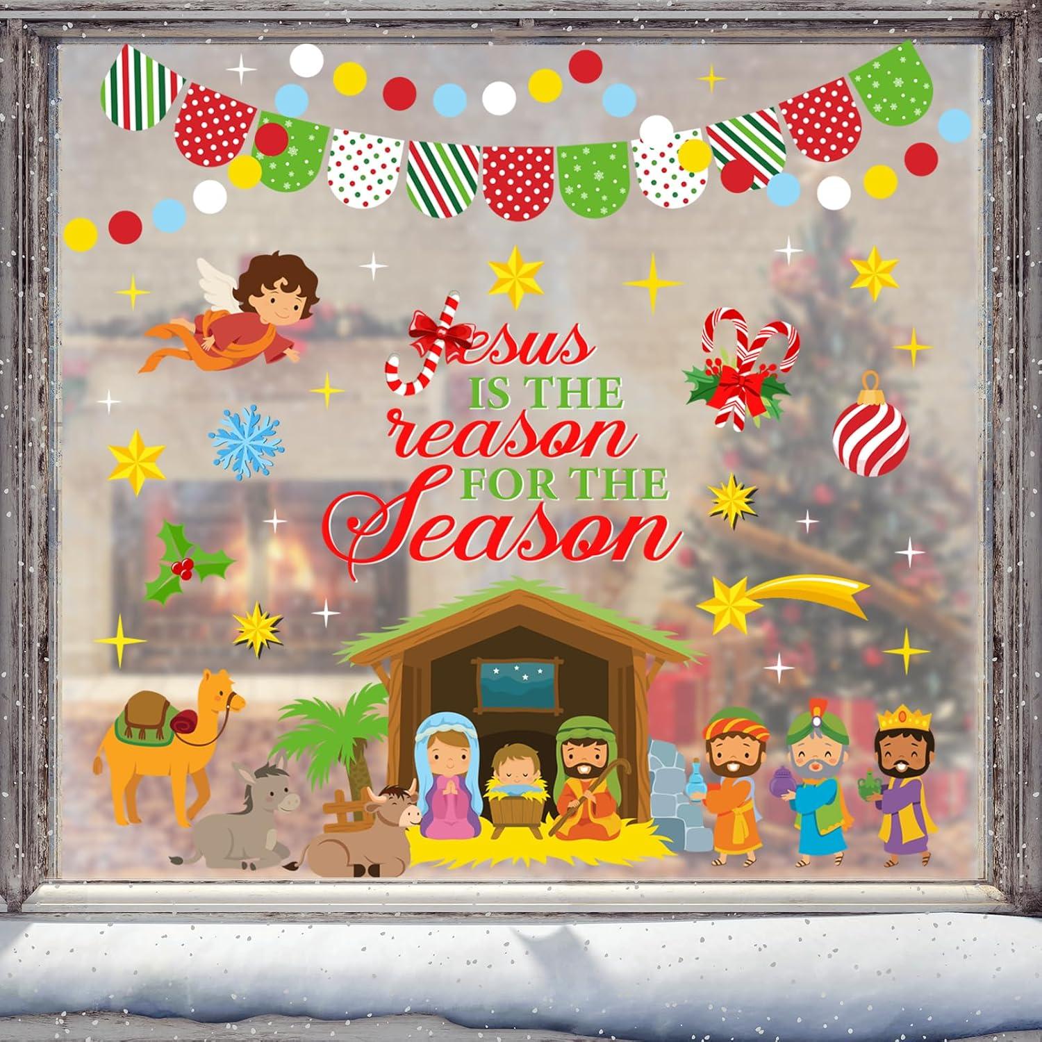 imageWhaline 9 Sheets Happy Fall Thanksgiving Window Clings Autumn Cute Cartoon Window Stickers Static Reusable Glass Decals for Harvest Party Home Classroom Office Decor SuppliesJesus Nativity