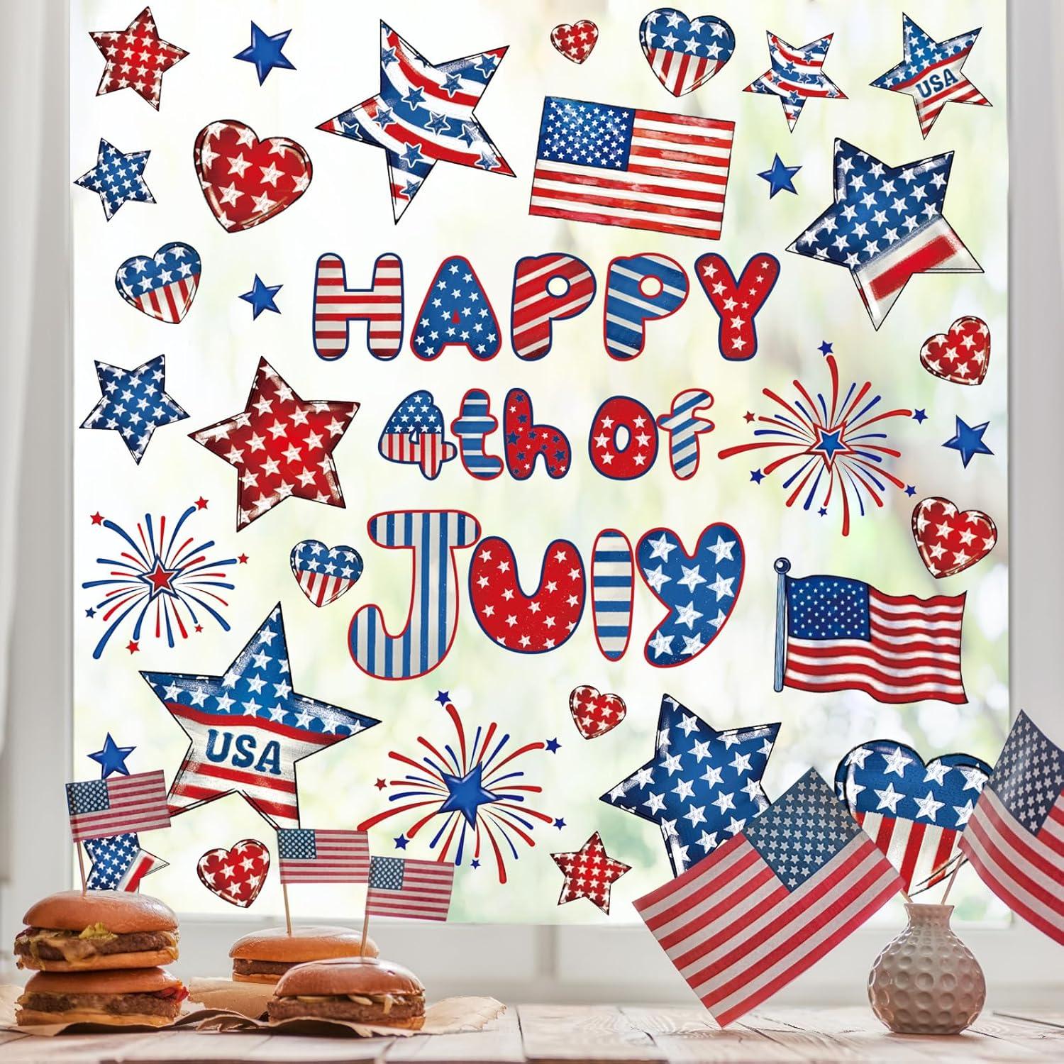 imageWhaline 9 Sheets Happy Fall Thanksgiving Window Clings Autumn Cute Cartoon Window Stickers Static Reusable Glass Decals for Harvest Party Home Classroom Office Decor Supplies4th of July