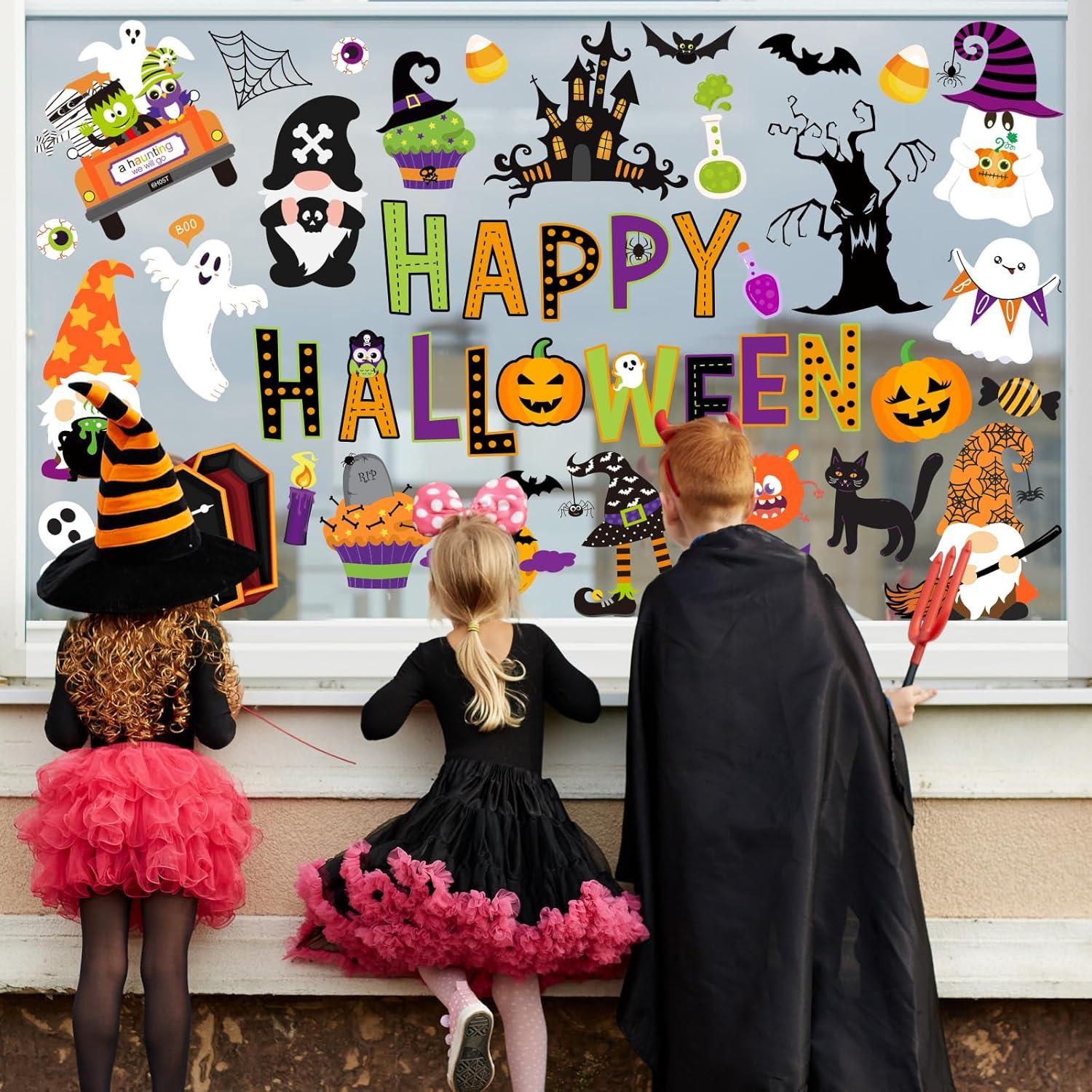 imageWhaline 9 Sheets Happy Fall Thanksgiving Window Clings Autumn Cute Cartoon Window Stickers Static Reusable Glass Decals for Harvest Party Home Classroom Office Decor SuppliesHalloween