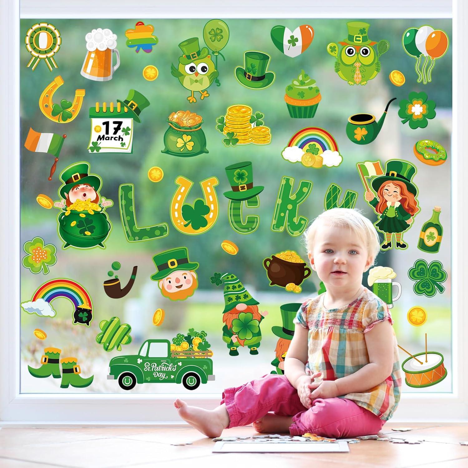 imageWhaline 9 Sheets Happy Fall Thanksgiving Window Clings Autumn Cute Cartoon Window Stickers Static Reusable Glass Decals for Harvest Party Home Classroom Office Decor SuppliesSt Patricks Day