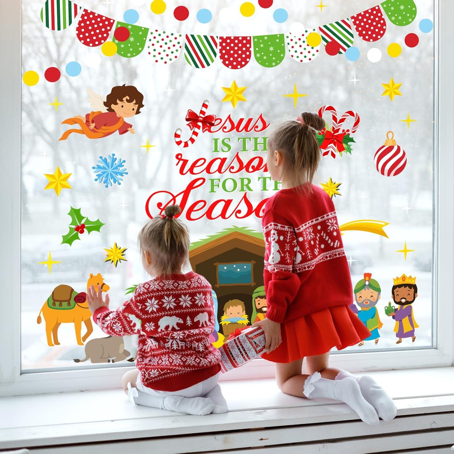 imageWhaline 9 Sheets Happy Fall Thanksgiving Window Clings Autumn Cute Cartoon Window Stickers Static Reusable Glass Decals for Harvest Party Home Classroom Office Decor SuppliesJesus Nativity