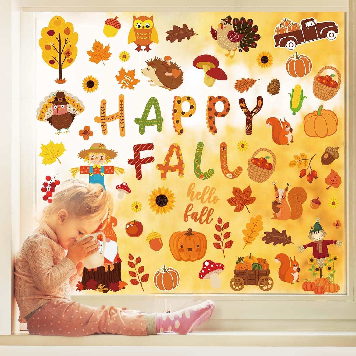 imageWhaline 9 Sheets Happy Fall Thanksgiving Window Clings Autumn Cute Cartoon Window Stickers Static Reusable Glass Decals for Harvest Party Home Classroom Office Decor SuppliesFall