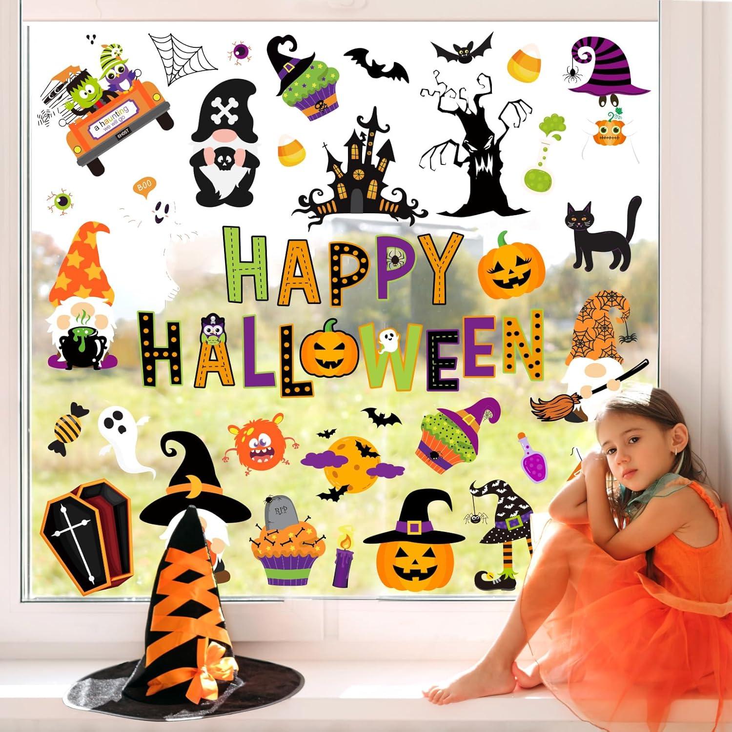 imageWhaline 9 Sheets Happy Fall Thanksgiving Window Clings Autumn Cute Cartoon Window Stickers Static Reusable Glass Decals for Harvest Party Home Classroom Office Decor SuppliesHalloween