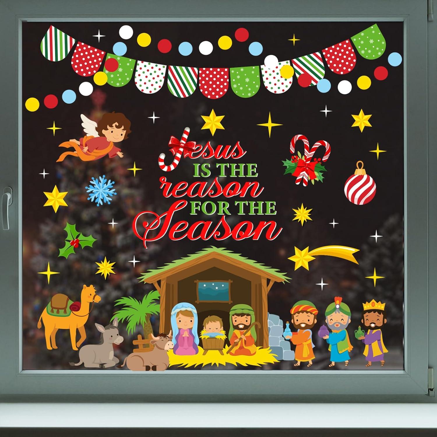 imageWhaline 9 Sheets Happy Fall Thanksgiving Window Clings Autumn Cute Cartoon Window Stickers Static Reusable Glass Decals for Harvest Party Home Classroom Office Decor SuppliesJesus Nativity