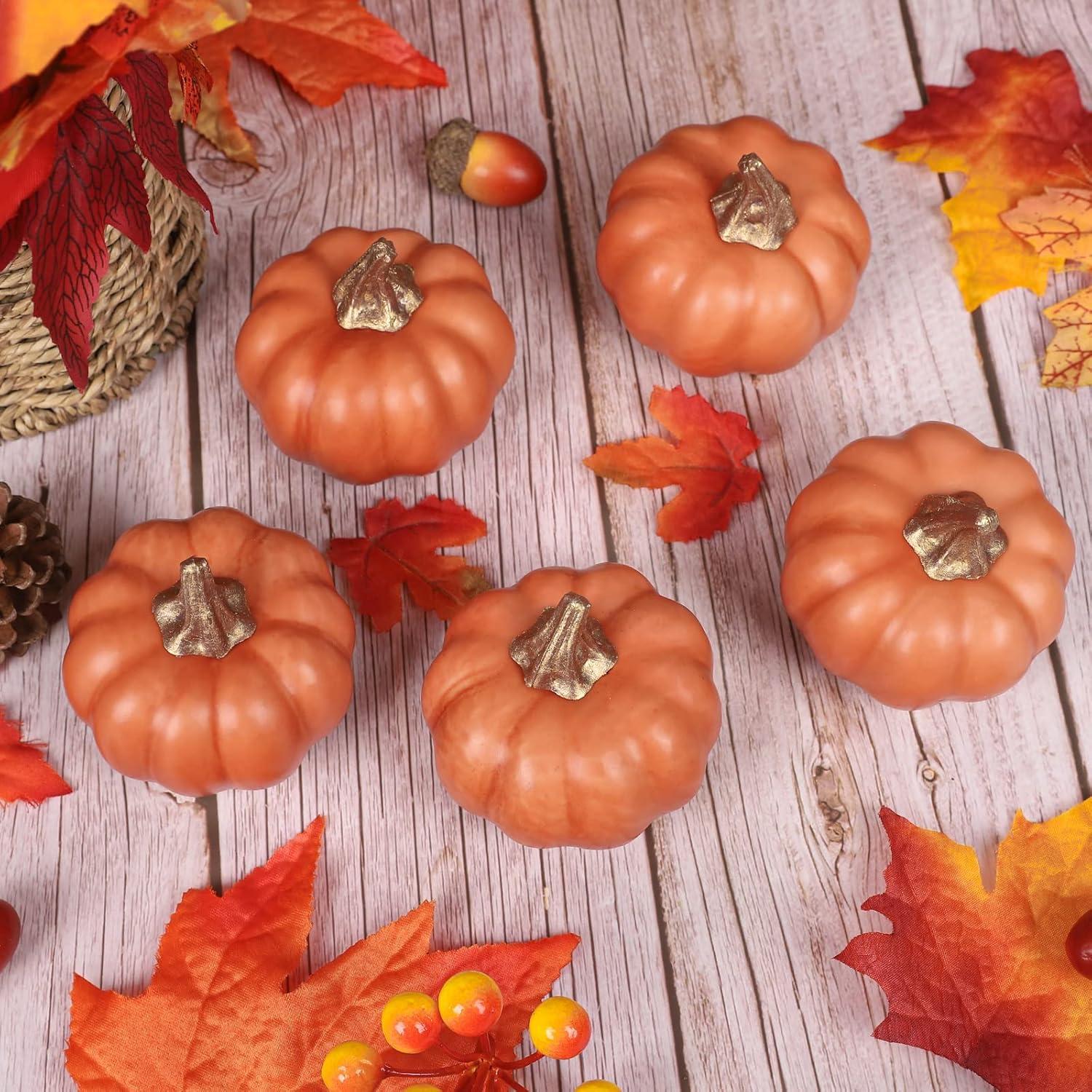 imageWhaline Artificial Pumpkins Bulk Vintage Green Fake Foam Lifelike Pumpkin for Fall Thanksgiving Halloween Home Party House Kitchen Wedding Decor12pcsCaramel