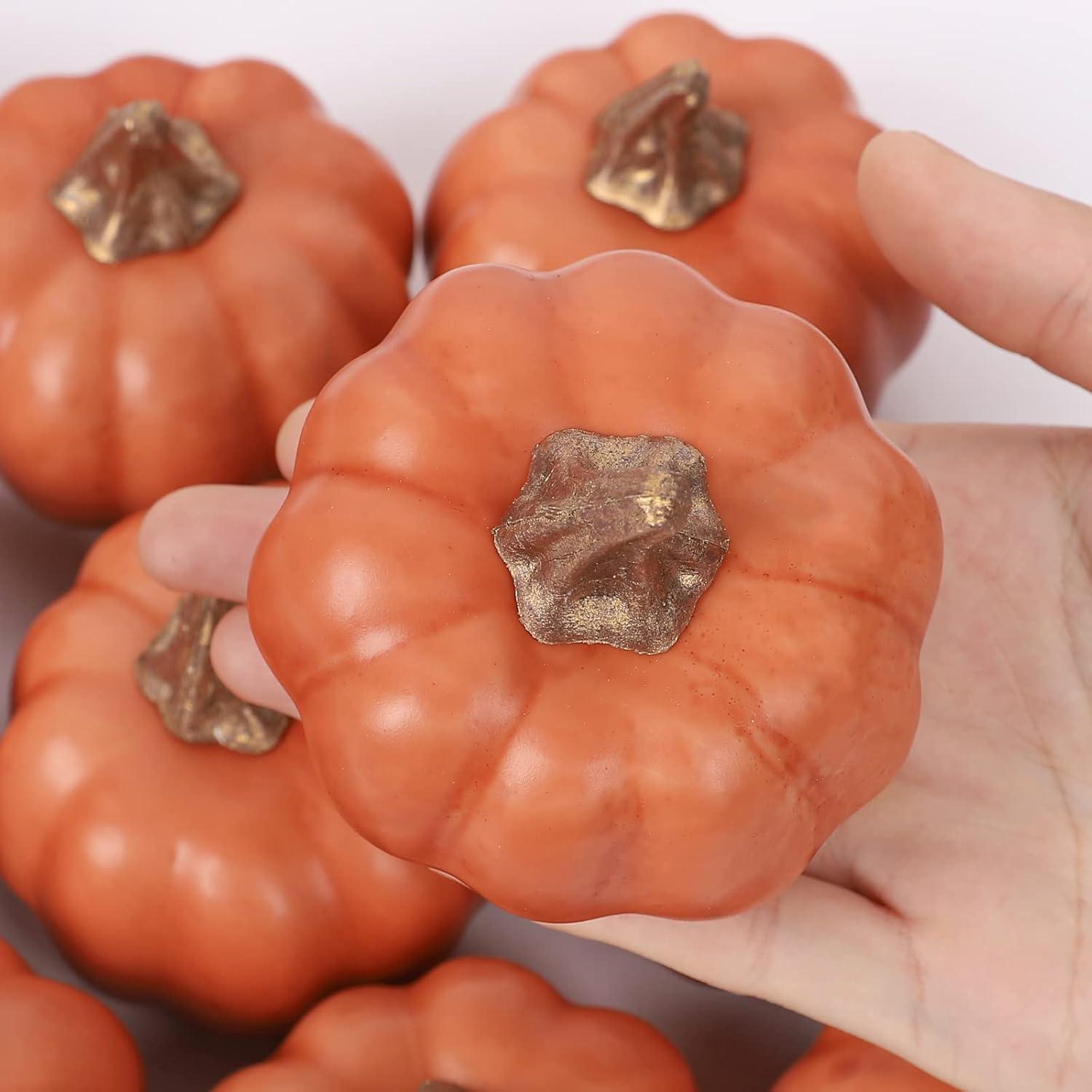 imageWhaline Artificial Pumpkins Bulk Vintage Green Fake Foam Lifelike Pumpkin for Fall Thanksgiving Halloween Home Party House Kitchen Wedding Decor12pcsCaramel