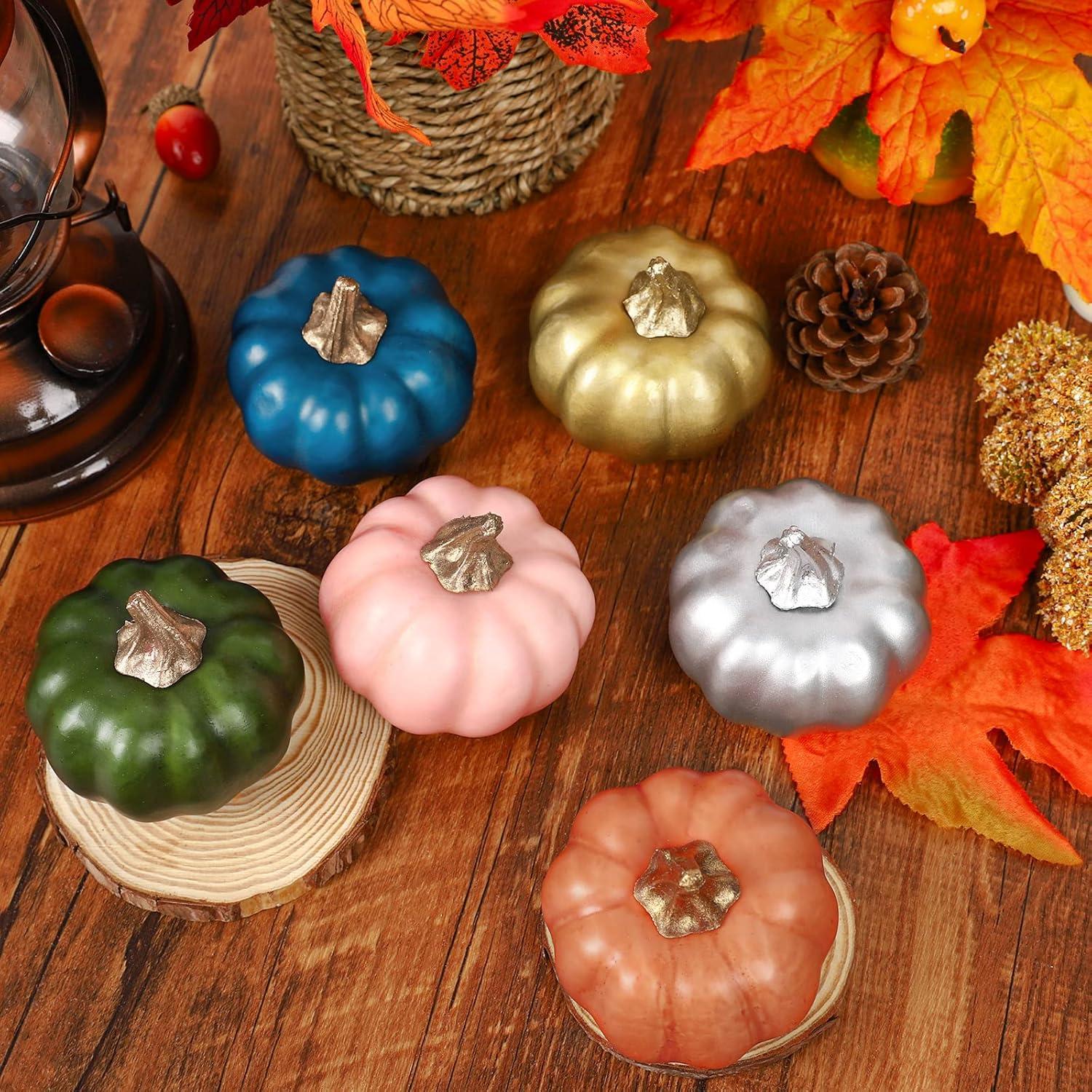 imageWhaline Artificial Pumpkins Bulk Vintage Green Fake Foam Lifelike Pumpkin for Fall Thanksgiving Halloween Home Party House Kitchen Wedding Decor12pcsCaramel