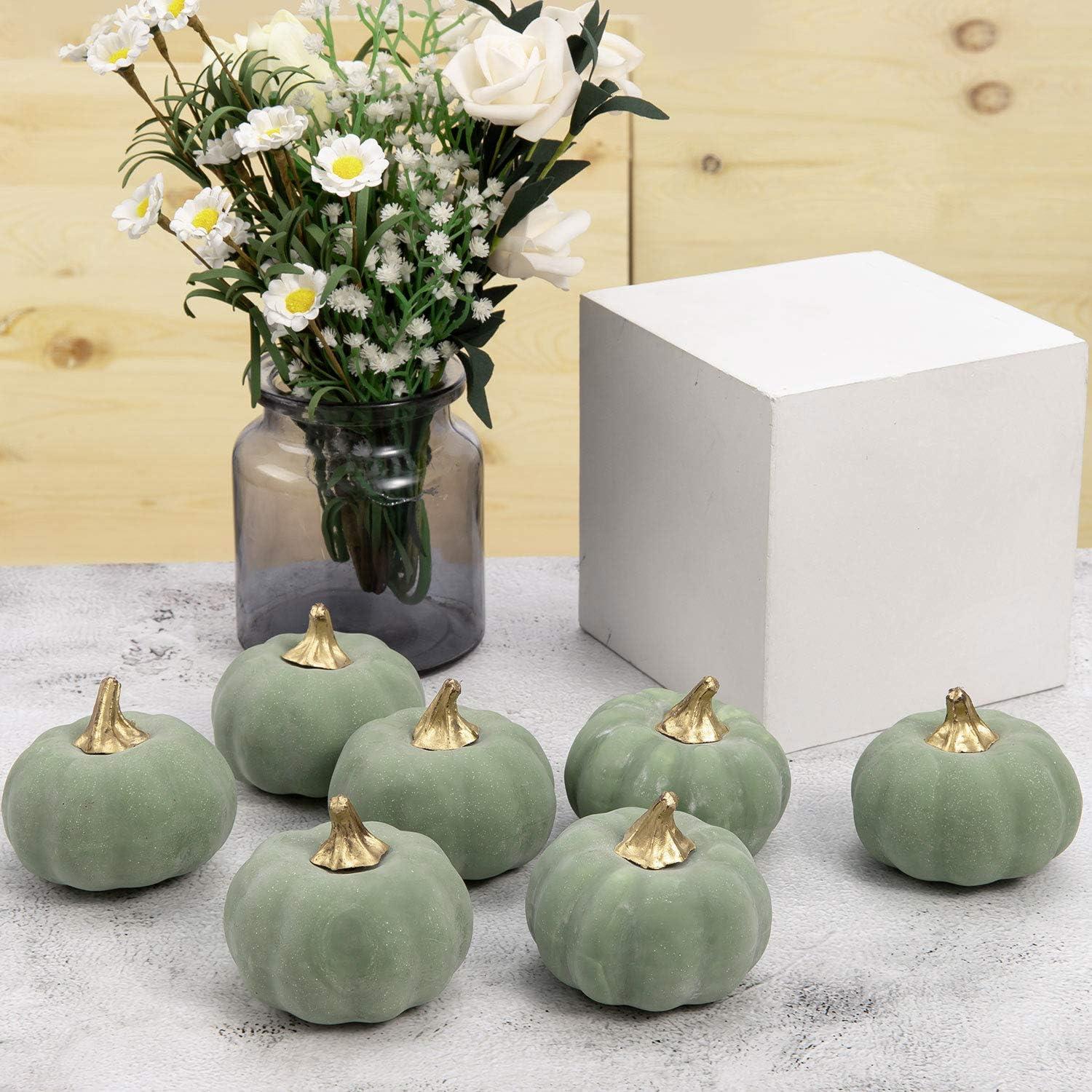 imageWhaline Artificial Pumpkins Bulk Vintage Green Fake Foam Lifelike Pumpkin for Fall Thanksgiving Halloween Home Party House Kitchen Wedding Decor12pcsGreen