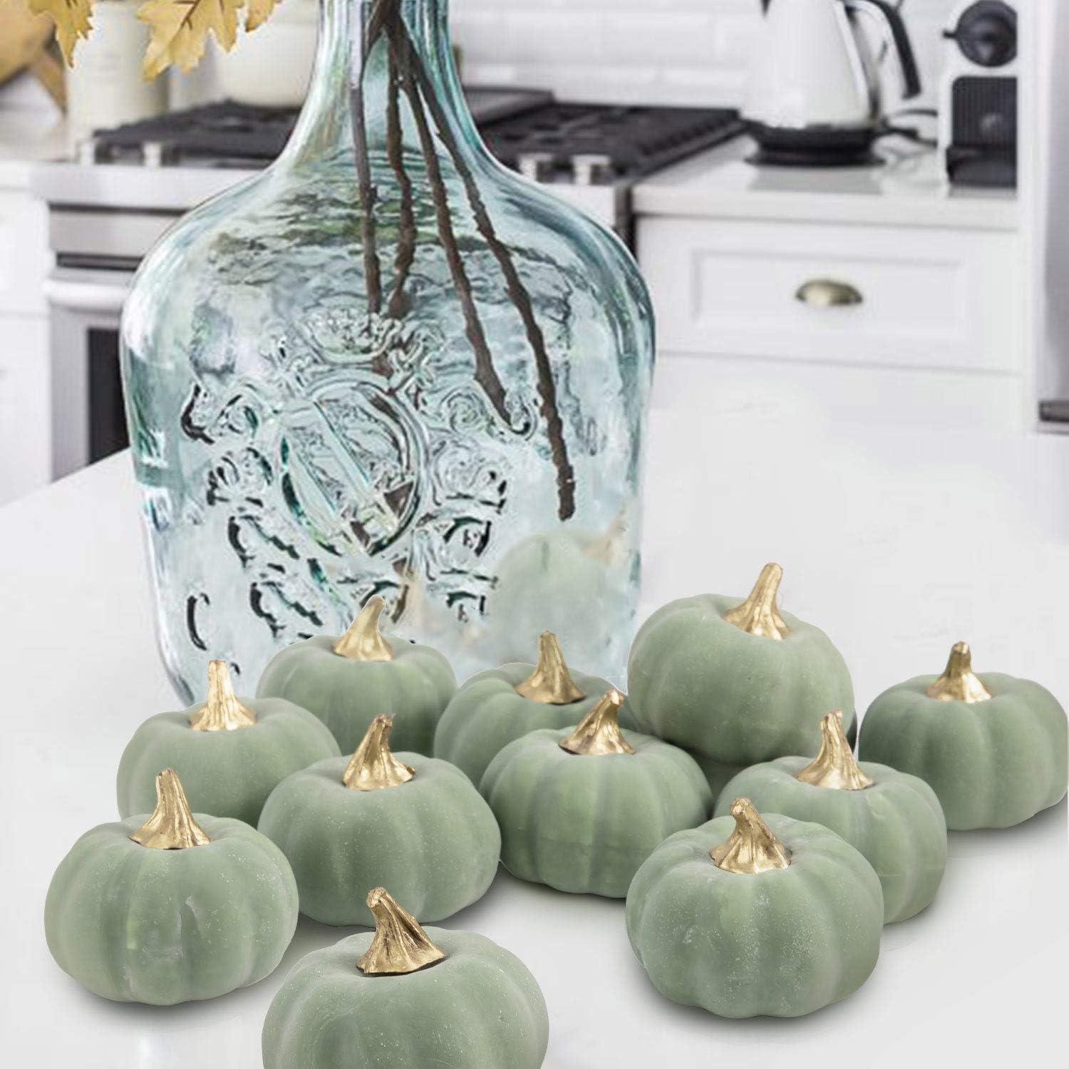 imageWhaline Artificial Pumpkins Bulk Vintage Green Fake Foam Lifelike Pumpkin for Fall Thanksgiving Halloween Home Party House Kitchen Wedding Decor12pcsGreen