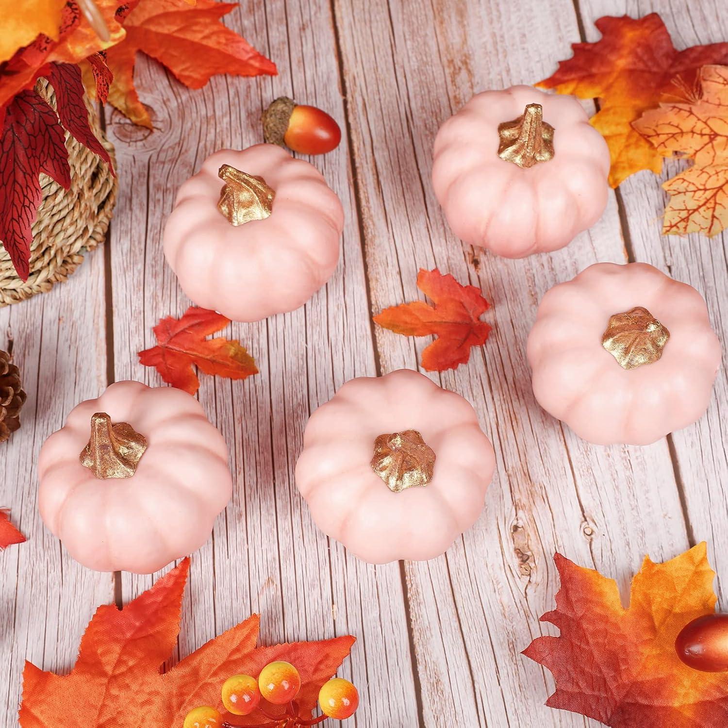 imageWhaline Artificial Pumpkins Bulk Vintage Green Fake Foam Lifelike Pumpkin for Fall Thanksgiving Halloween Home Party House Kitchen Wedding Decor12pcsPink