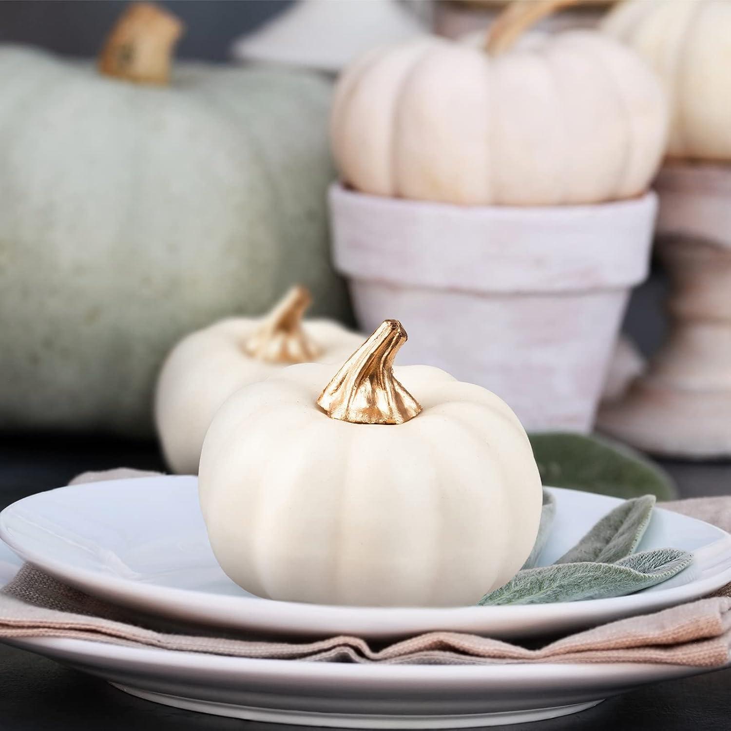 imageWhaline Artificial Pumpkins Bulk Vintage Green Fake Foam Lifelike Pumpkin for Fall Thanksgiving Halloween Home Party House Kitchen Wedding Decor12pcsWhite
