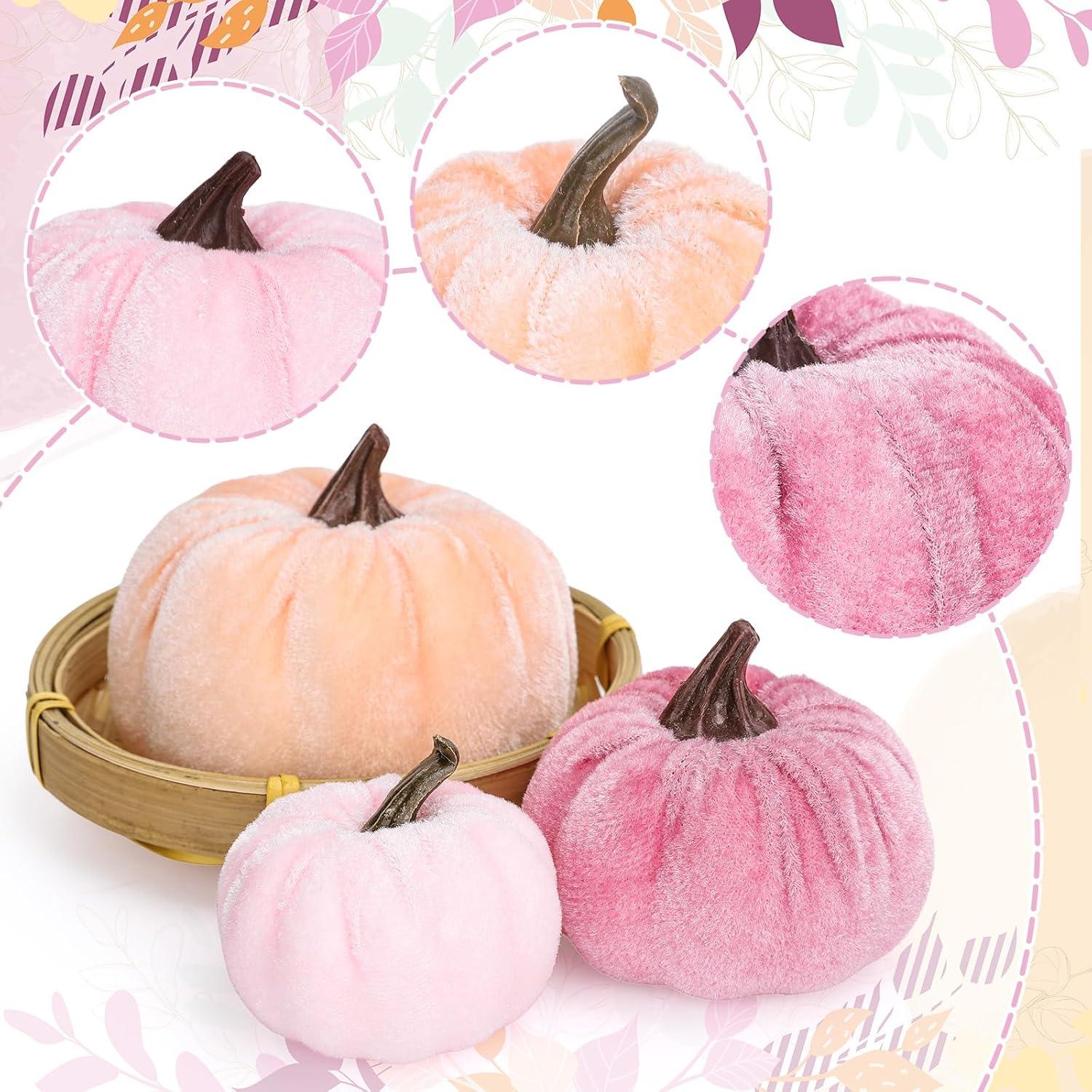 imageWhaline Fall Artificial Pumpkins Velvet Faux Fake Pumpkin Decor Autumn Harvest Farmhouse Table Centerpiece 3 Sizes Orange Brown Khaki Small Foam Pumpkins for Halloween Thanksgiving Party 12PcsPink Orange