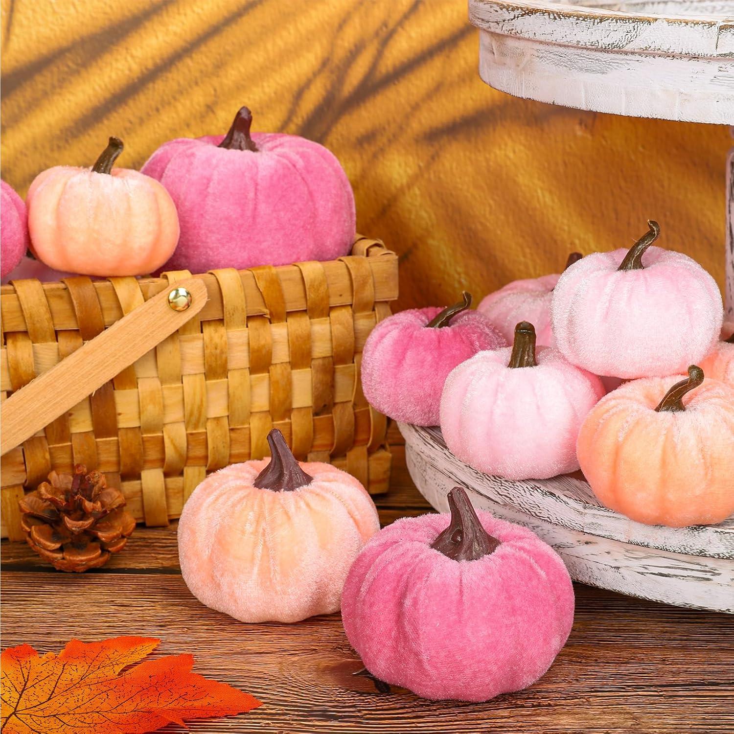 imageWhaline Fall Artificial Pumpkins Velvet Faux Fake Pumpkin Decor Autumn Harvest Farmhouse Table Centerpiece 3 Sizes Orange Brown Khaki Small Foam Pumpkins for Halloween Thanksgiving Party 12PcsPink Orange