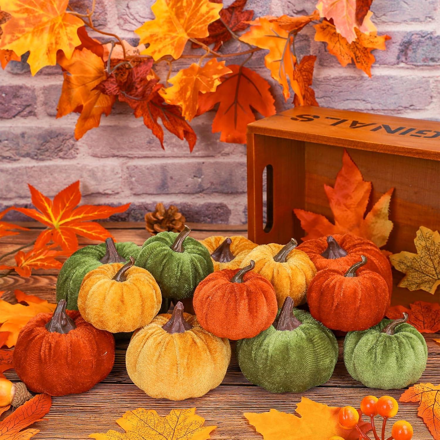imageWhaline Fall Artificial Pumpkins Velvet Faux Fake Pumpkin Decor Autumn Harvest Farmhouse Table Centerpiece 3 Sizes Orange Brown Khaki Small Foam Pumpkins for Halloween Thanksgiving Party 12PcsOrange Green Yellow