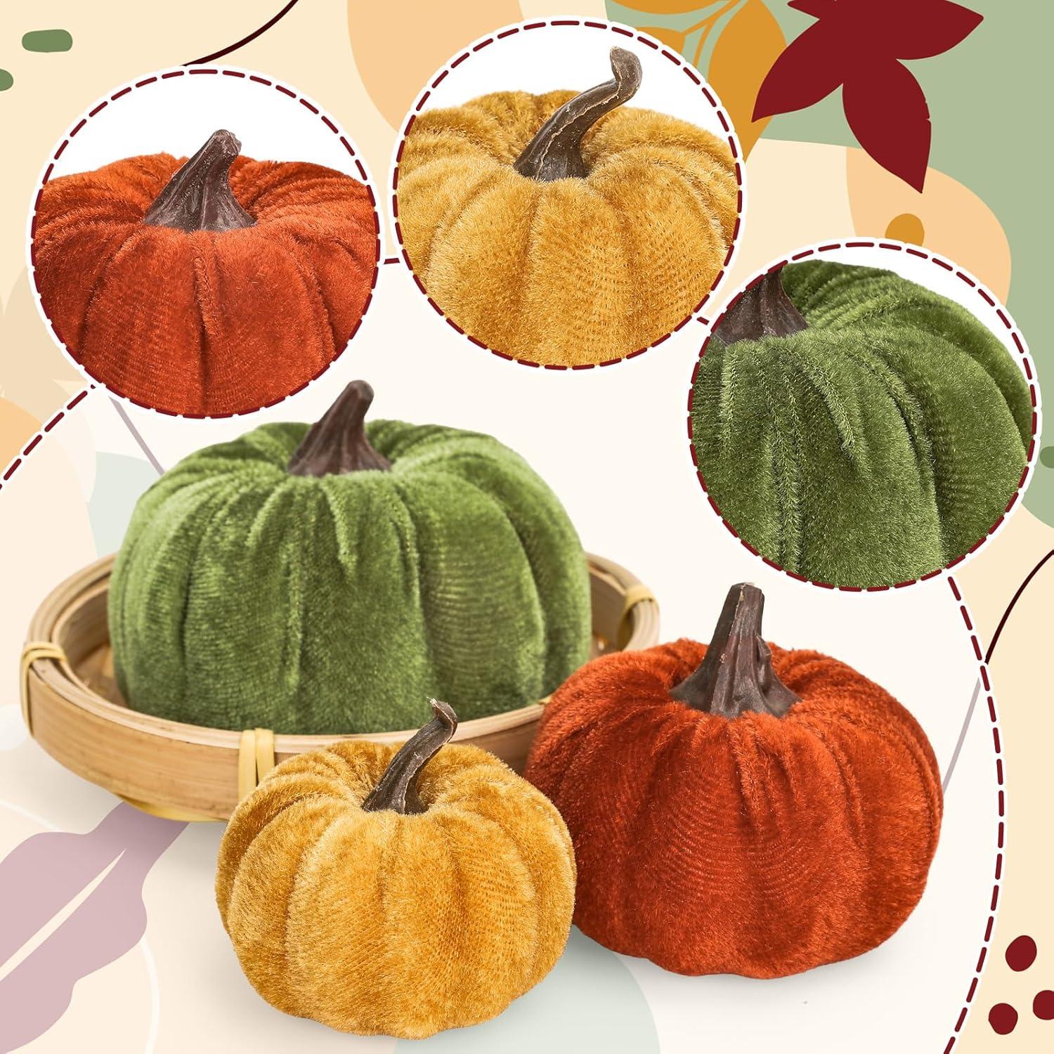 imageWhaline Fall Artificial Pumpkins Velvet Faux Fake Pumpkin Decor Autumn Harvest Farmhouse Table Centerpiece 3 Sizes Orange Brown Khaki Small Foam Pumpkins for Halloween Thanksgiving Party 12PcsOrange Green Yellow
