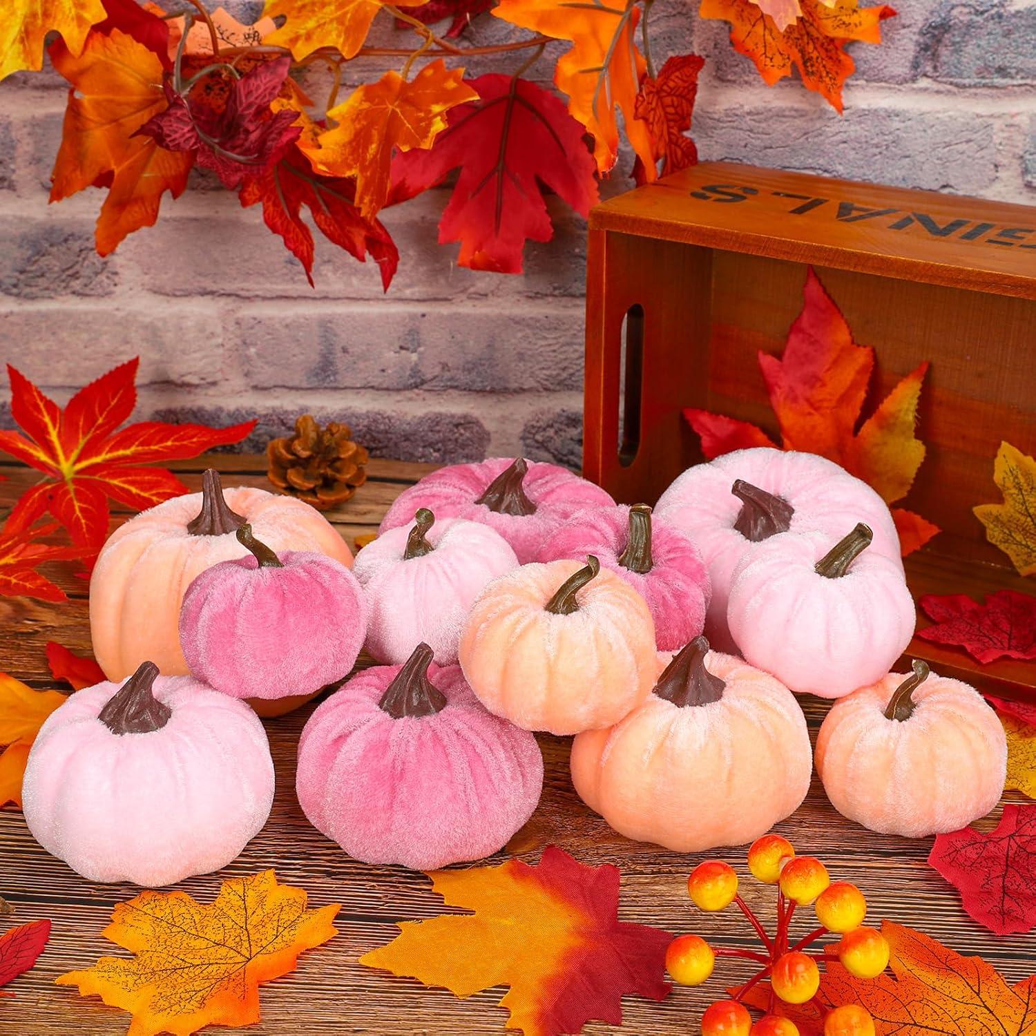 imageWhaline Fall Artificial Pumpkins Velvet Faux Fake Pumpkin Decor Autumn Harvest Farmhouse Table Centerpiece 3 Sizes Orange Brown Khaki Small Foam Pumpkins for Halloween Thanksgiving Party 12PcsPink Orange