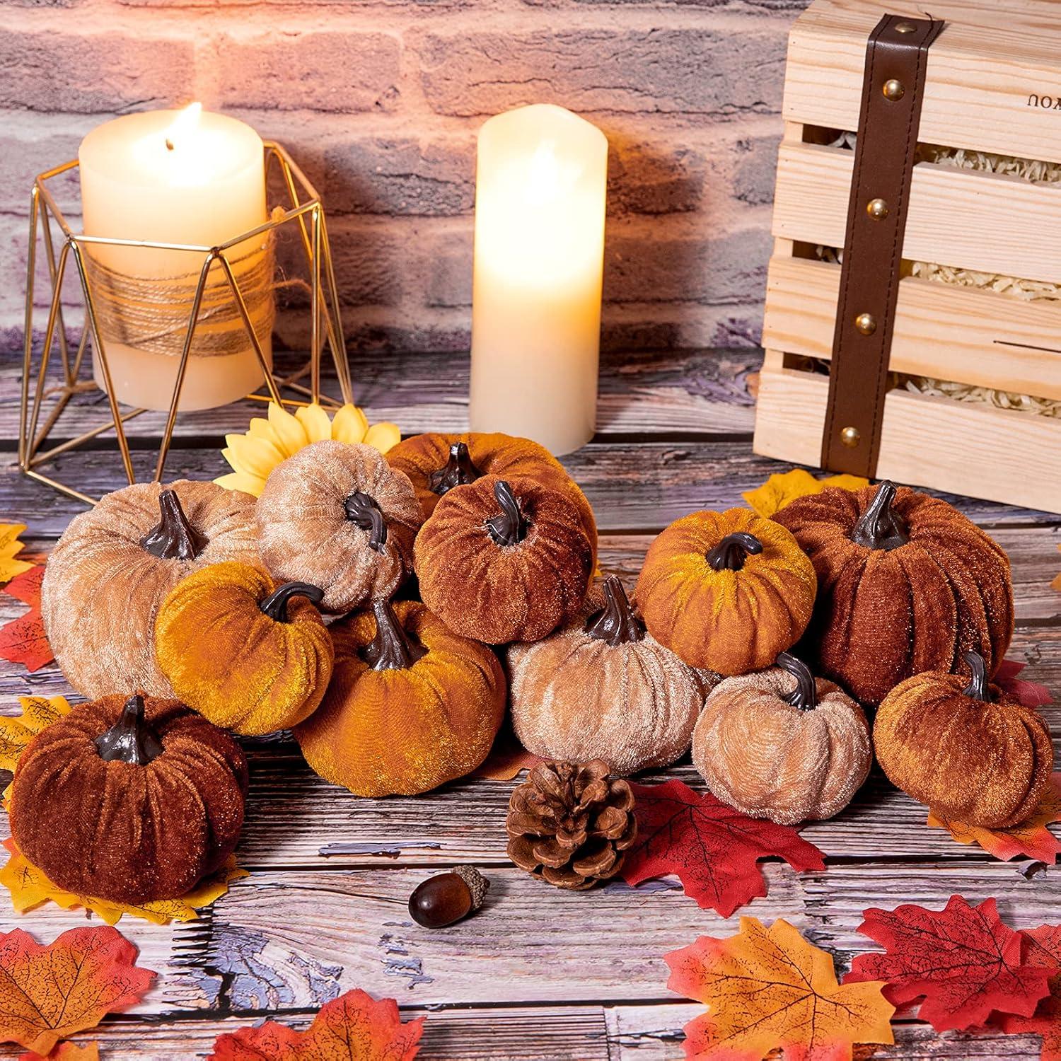 imageWhaline Fall Artificial Pumpkins Velvet Faux Fake Pumpkin Decor Autumn Harvest Farmhouse Table Centerpiece 3 Sizes Orange Brown Khaki Small Foam Pumpkins for Halloween Thanksgiving Party 12PcsOrange Brown Khaki