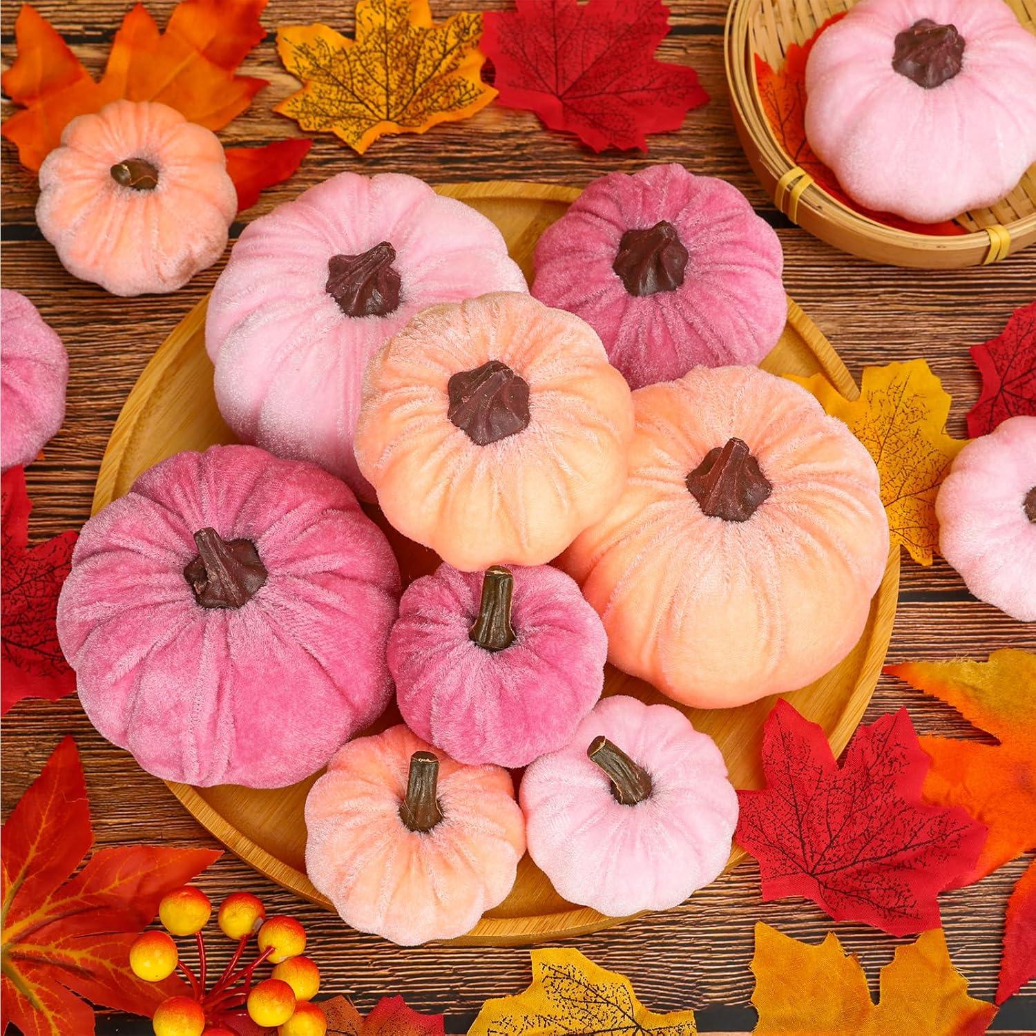 imageWhaline Fall Artificial Pumpkins Velvet Faux Fake Pumpkin Decor Autumn Harvest Farmhouse Table Centerpiece 3 Sizes Orange Brown Khaki Small Foam Pumpkins for Halloween Thanksgiving Party 12PcsPink Orange
