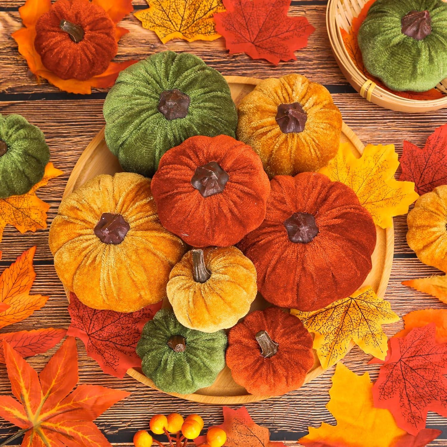 imageWhaline Fall Artificial Pumpkins Velvet Faux Fake Pumpkin Decor Autumn Harvest Farmhouse Table Centerpiece 3 Sizes Orange Brown Khaki Small Foam Pumpkins for Halloween Thanksgiving Party 12PcsOrange Green Yellow