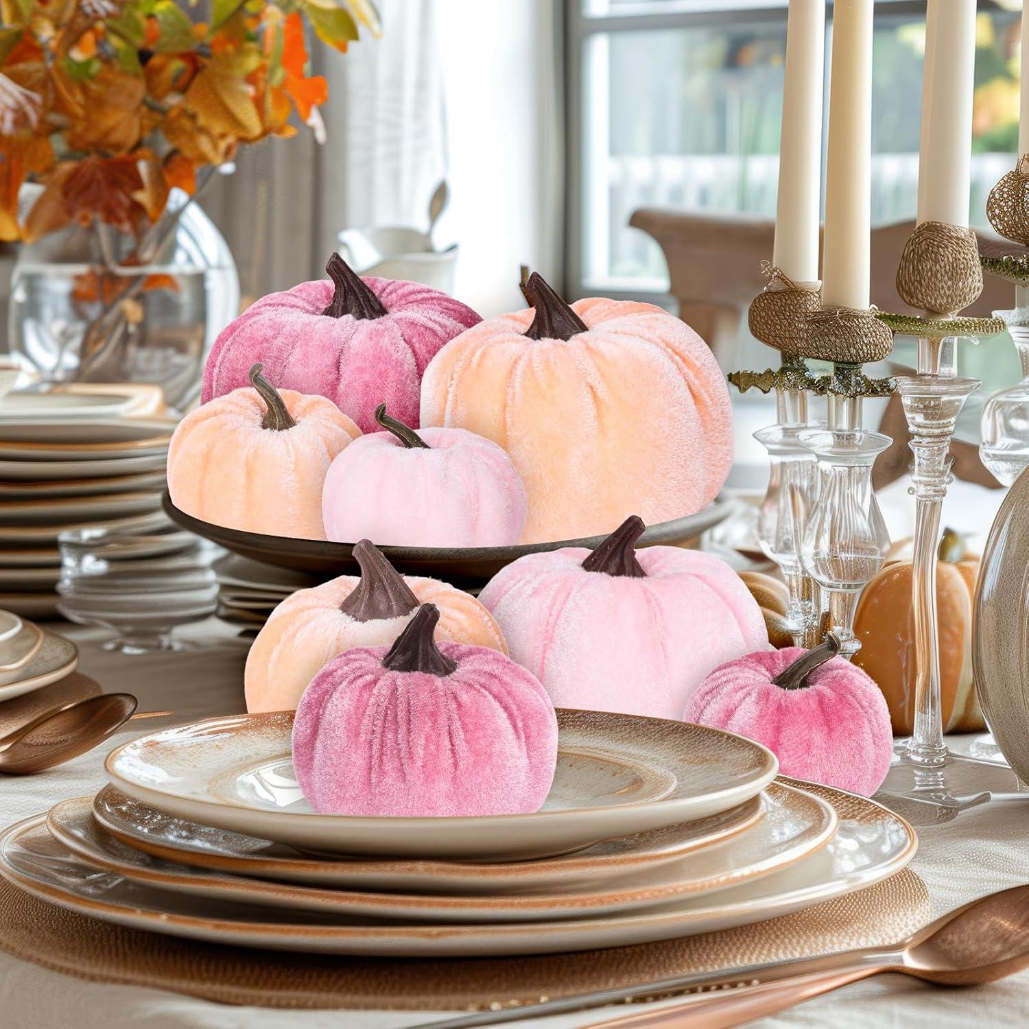 imageWhaline Fall Artificial Pumpkins Velvet Faux Fake Pumpkin Decor Autumn Harvest Farmhouse Table Centerpiece 3 Sizes Orange Brown Khaki Small Foam Pumpkins for Halloween Thanksgiving Party 12PcsPink Orange