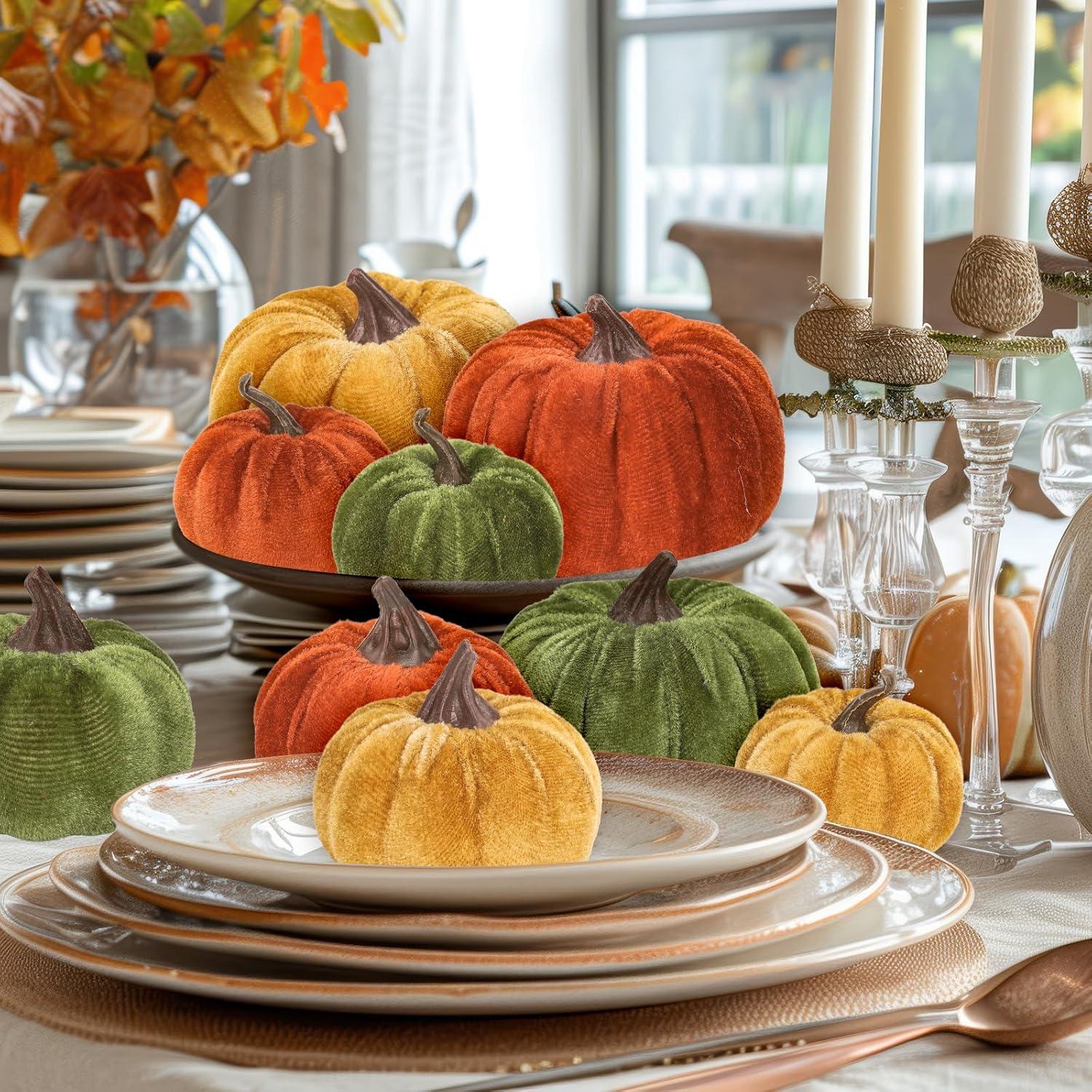 imageWhaline Fall Artificial Pumpkins Velvet Faux Fake Pumpkin Decor Autumn Harvest Farmhouse Table Centerpiece 3 Sizes Orange Brown Khaki Small Foam Pumpkins for Halloween Thanksgiving Party 12PcsOrange Green Yellow