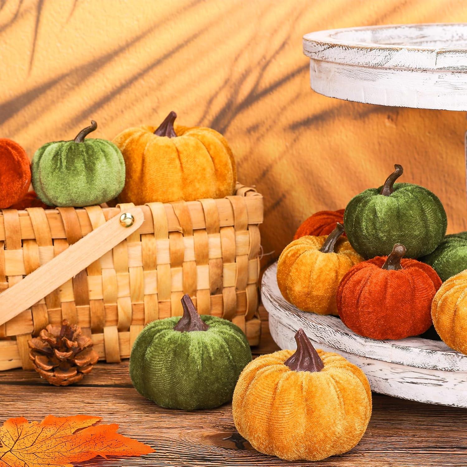 imageWhaline Fall Artificial Pumpkins Velvet Faux Fake Pumpkin Decor Autumn Harvest Farmhouse Table Centerpiece 3 Sizes Orange Brown Khaki Small Foam Pumpkins for Halloween Thanksgiving Party 12PcsOrange Green Yellow
