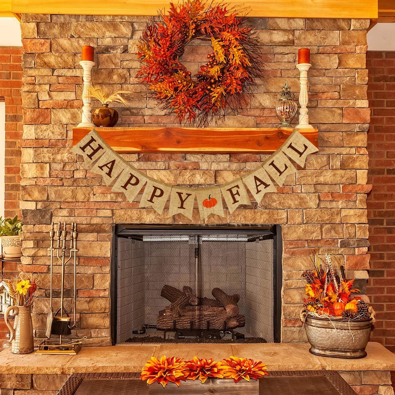 imageWhaline Happy Fall Pumpkin Burlap Banner Harvest Home Decor Bunting Flag Garland for Mantel Fireplace Thanksgiving Day Party DecorationBrown