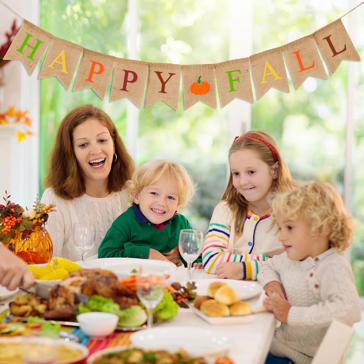 imageWhaline Happy Fall Pumpkin Burlap Banner Harvest Home Decor Bunting Flag Garland for Mantel Fireplace Thanksgiving Day Party DecorationColorful